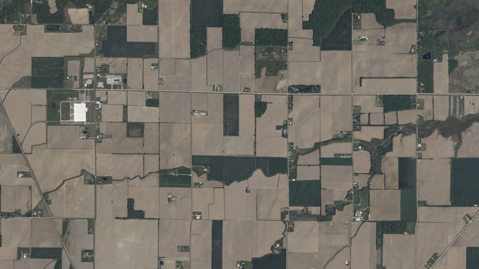 Aerial view of land around Rice, Ohio