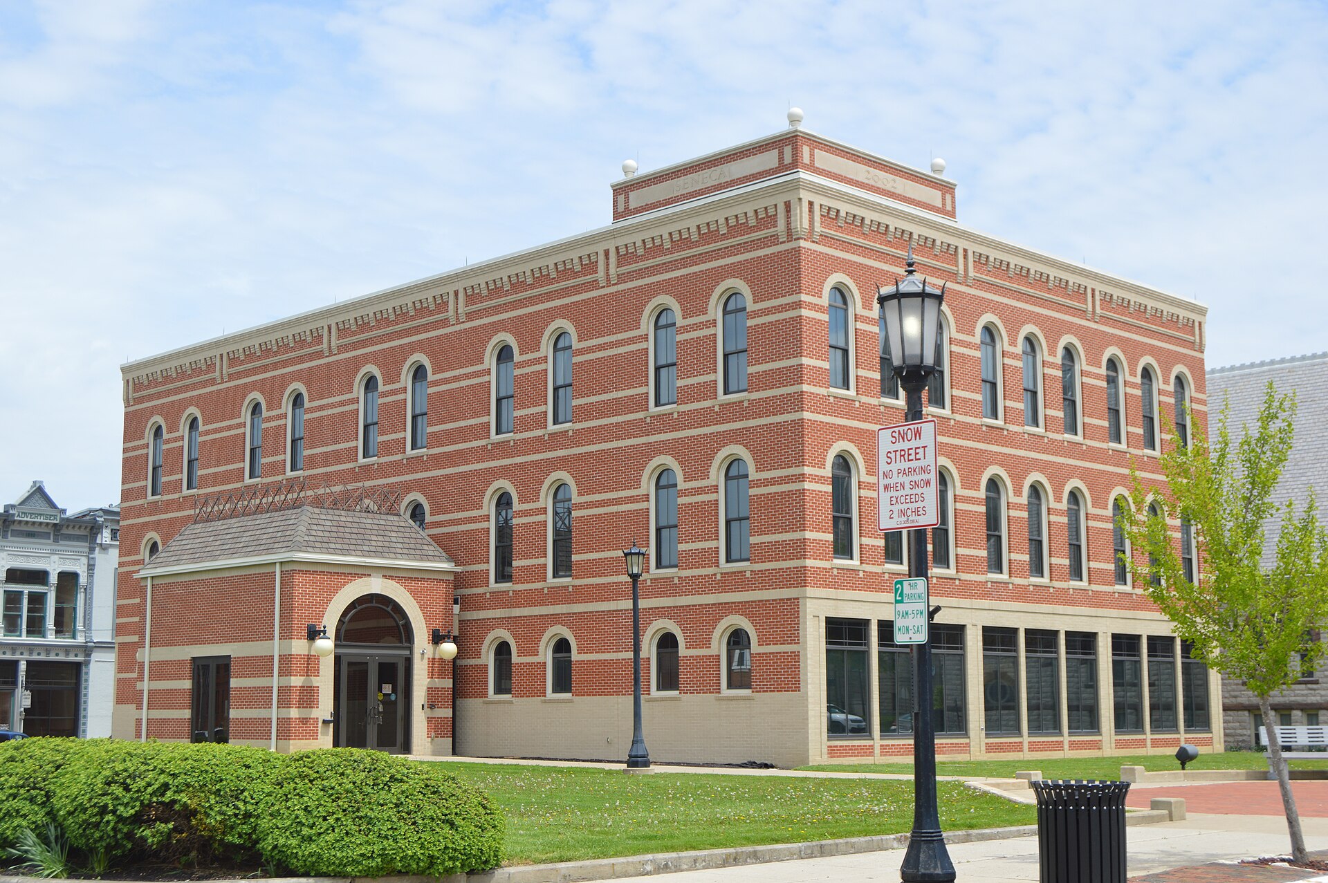 Front and western side of the de facto Seneca County Courthouse, located along Market Street (State Routes 18/101) in central Tiffin, Ohio, United States.