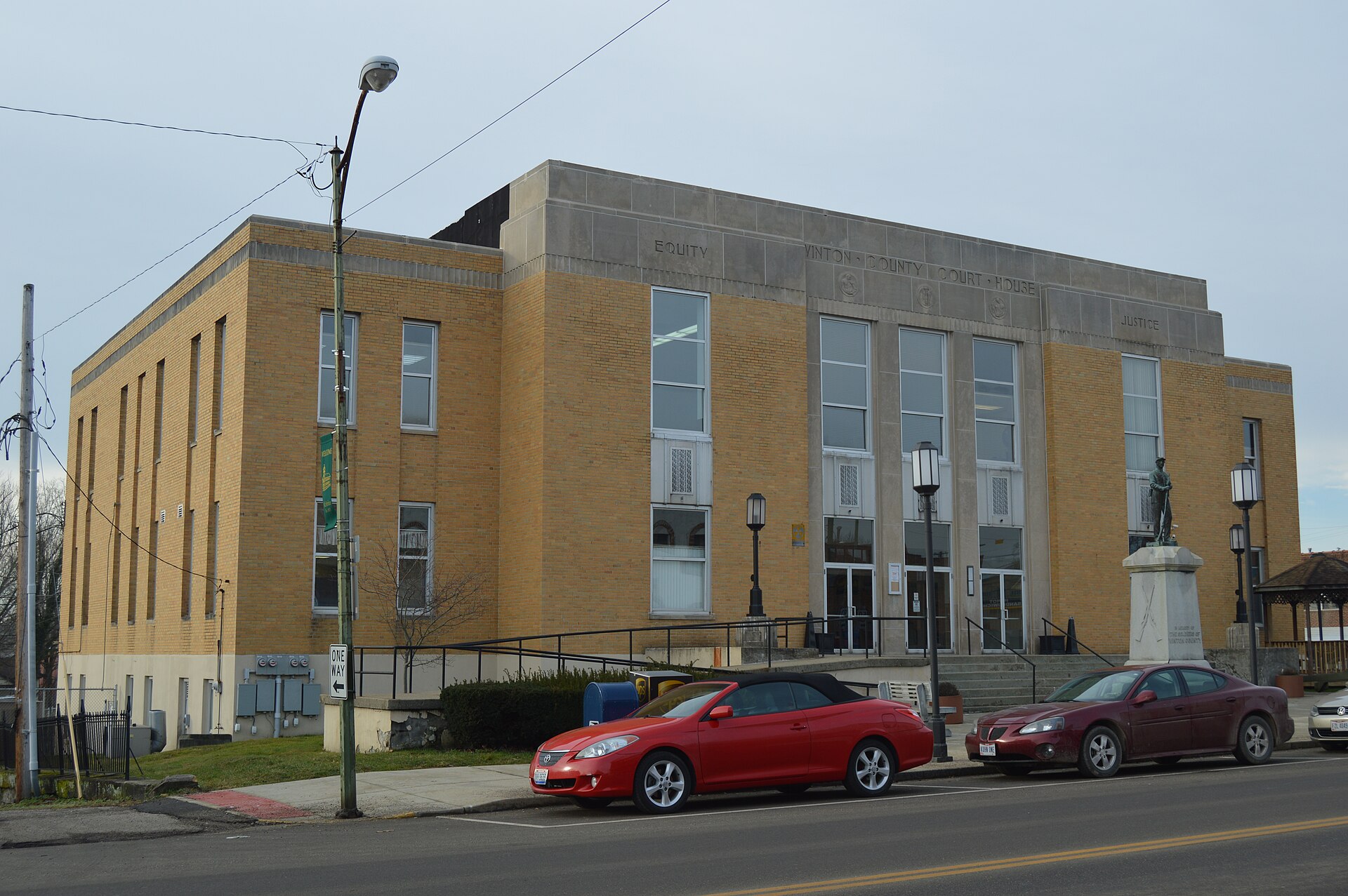 Front and eastern side of the Vinton County Courthouse, located on the southeastern corner of the junction of Main (U.S. — Ohio