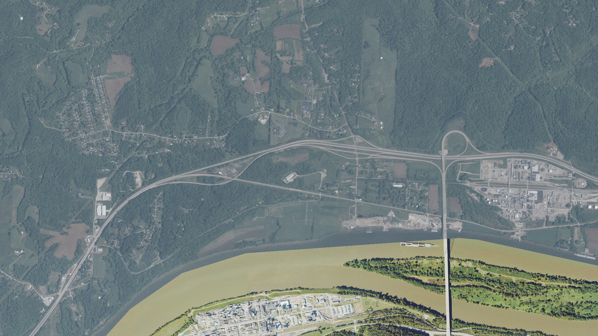Natural-color aerial photograph of land around Belpre, Ohio