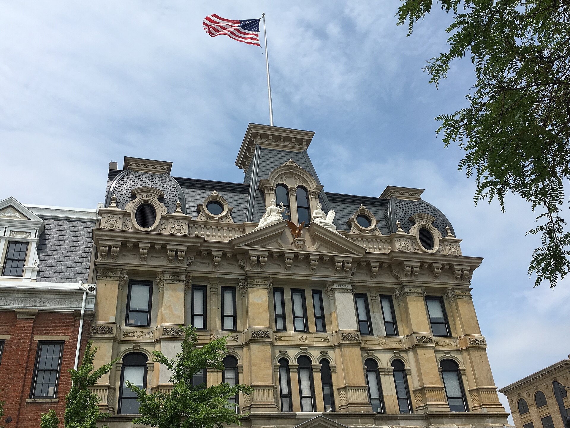 Refurbished front of Wayne County Courthouse, Wooster, Ohio.