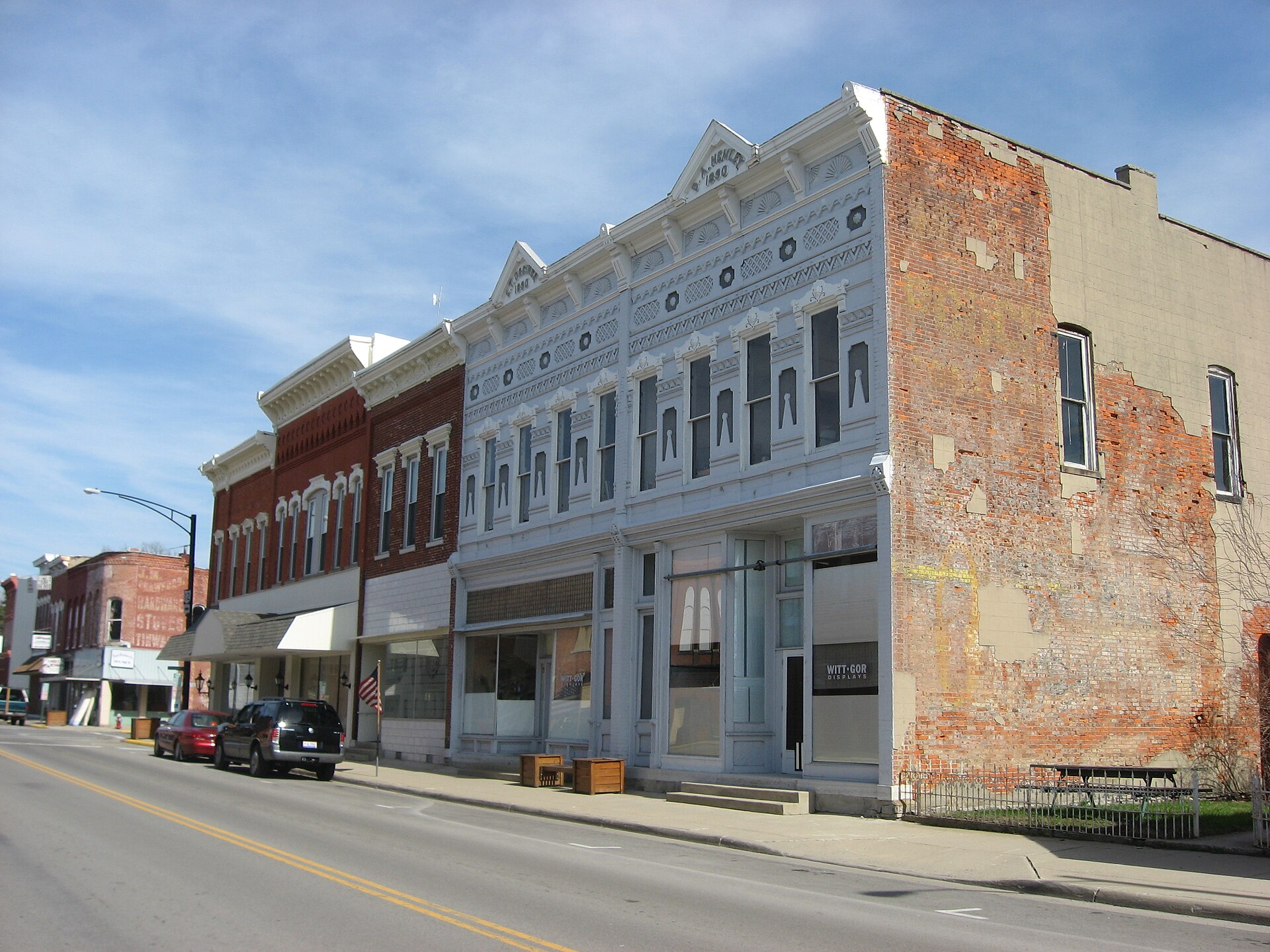 Buildings on the eastern side of the 100 block of S. High Street (State Route 12) in downtown Columbus Grove, Ohio, United States.