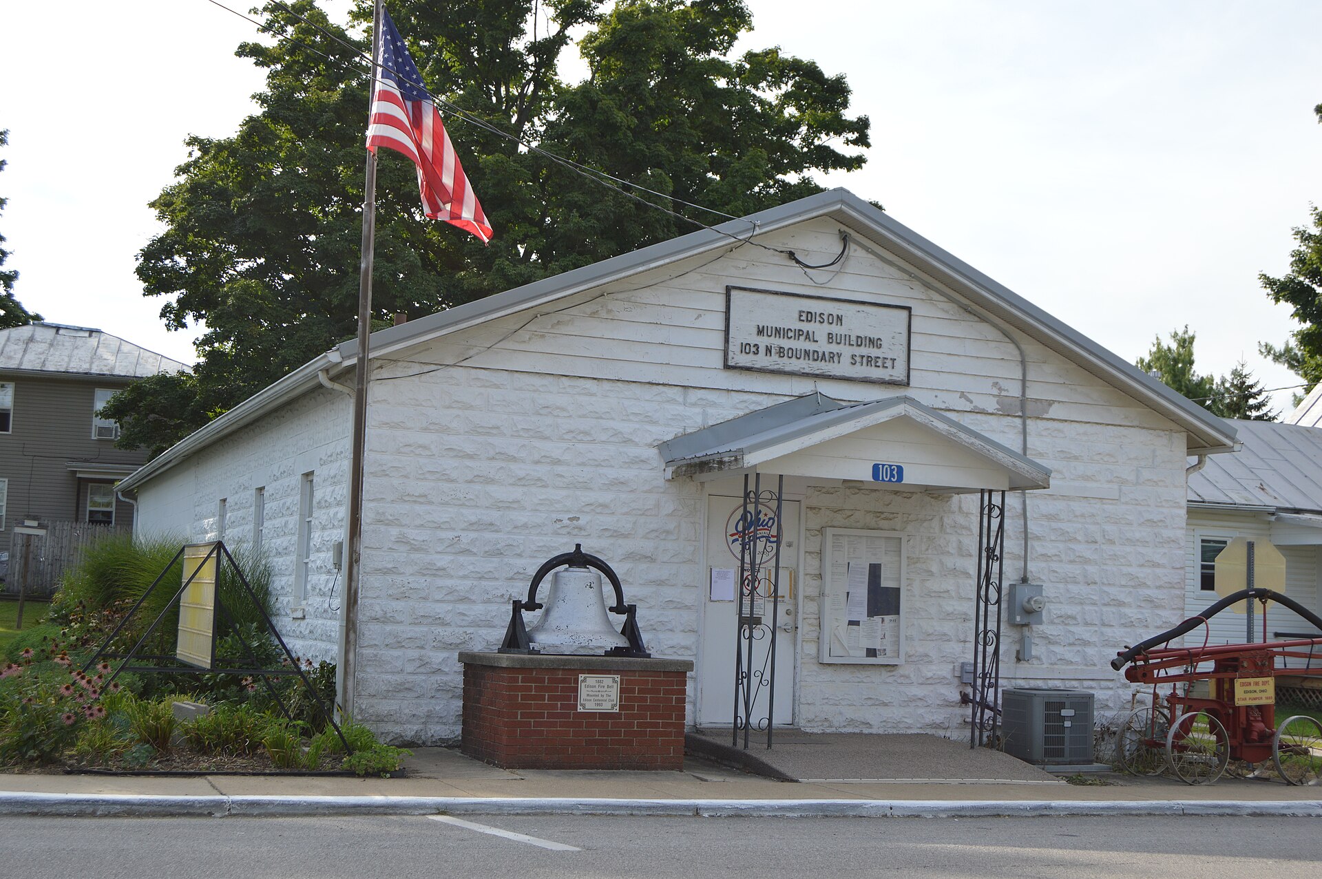 Front and southern side of the Edison village hall, located at 103 N. Boundary Street in Edison, Ohio, United States.