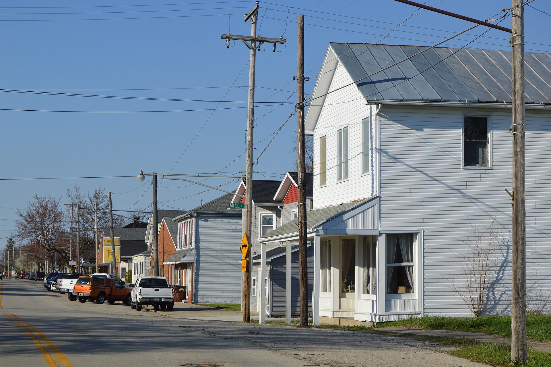 Buildings on the eastern side of Main Street (State Route 726) at Mill Street in Eldorado, Ohio, United States.