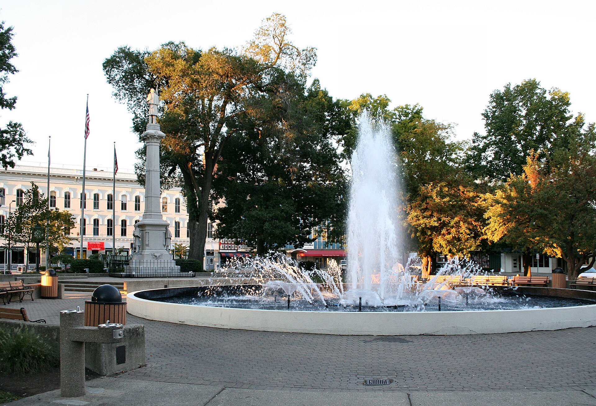 Ely Park in Elyria, Ohio, United States, with fountain and Civil War memorial.