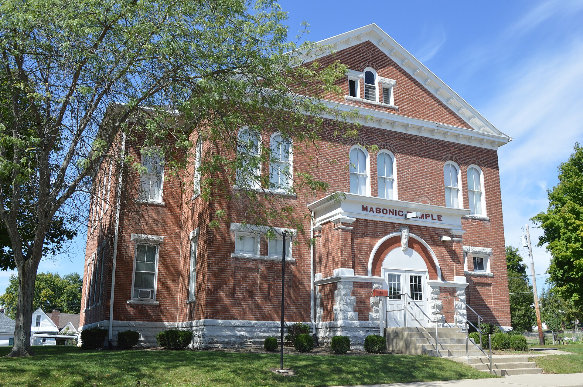 Front and southern side of the Farmersville Masonic Temple, located at the intersection of Center and Jackson Streets in Farmersville, Ohio, United States.