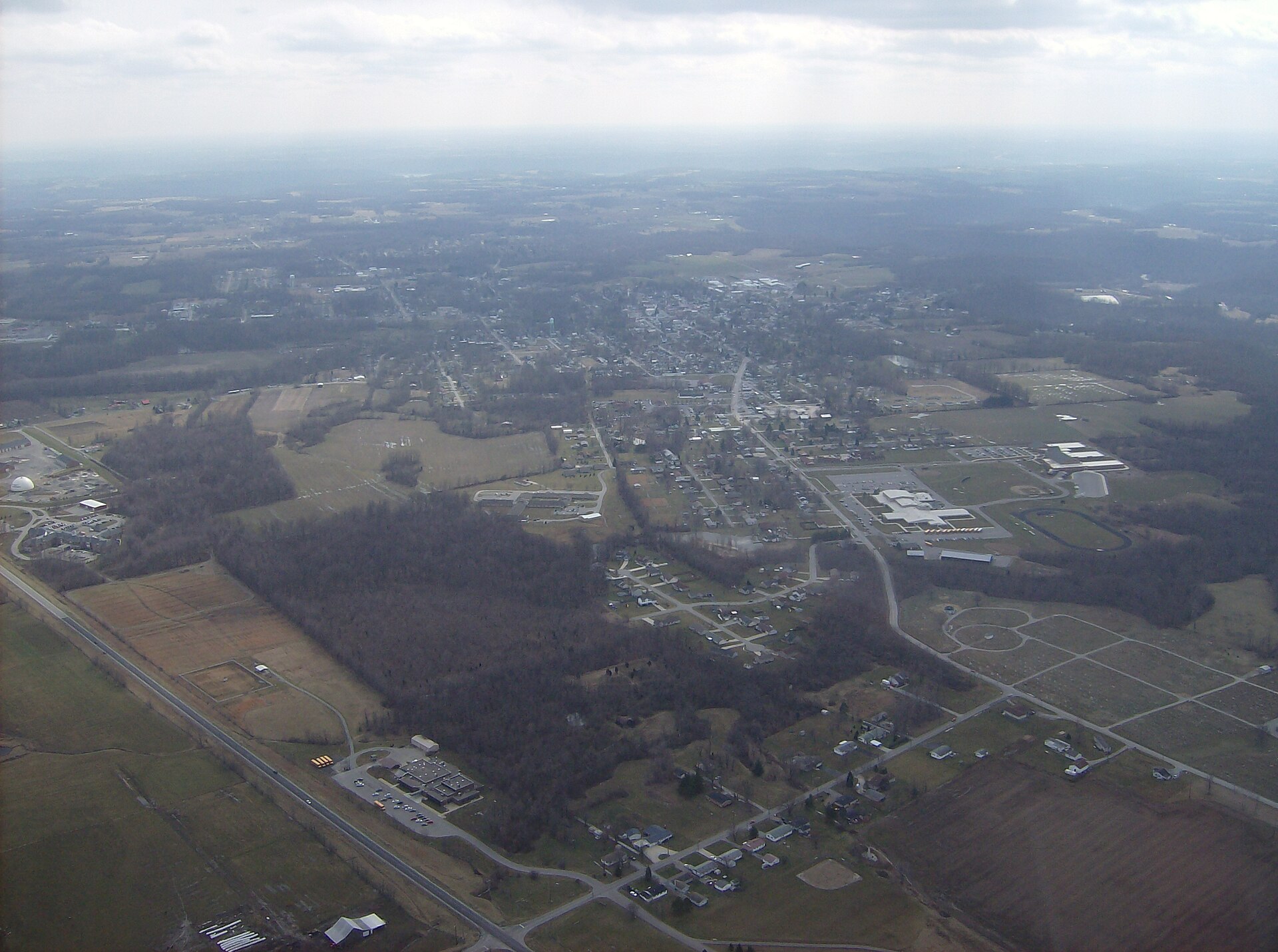 Aerial view of Georgetown, the county seat of Brown County, Ohio, United States. Picture taken from a Diamond Eclipse light airplane at an altitude of 2,600 feet MSL and a bearing of approximately 160º.