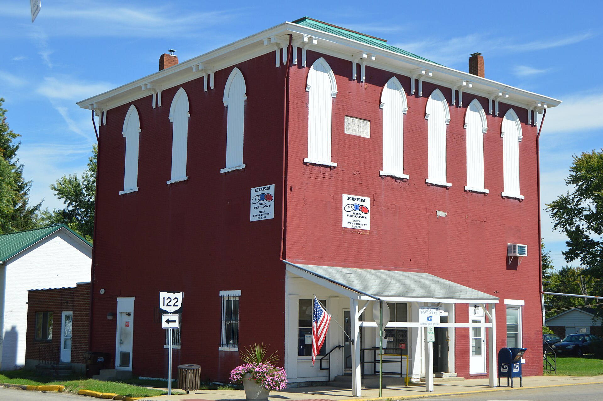 Front and western side of the Eden Lodge #147 hall and Gratis post office, located at the intersection of Franklin and East Streets (State Route 122) in Gratis, Ohio, United States. It was built in 1850.
