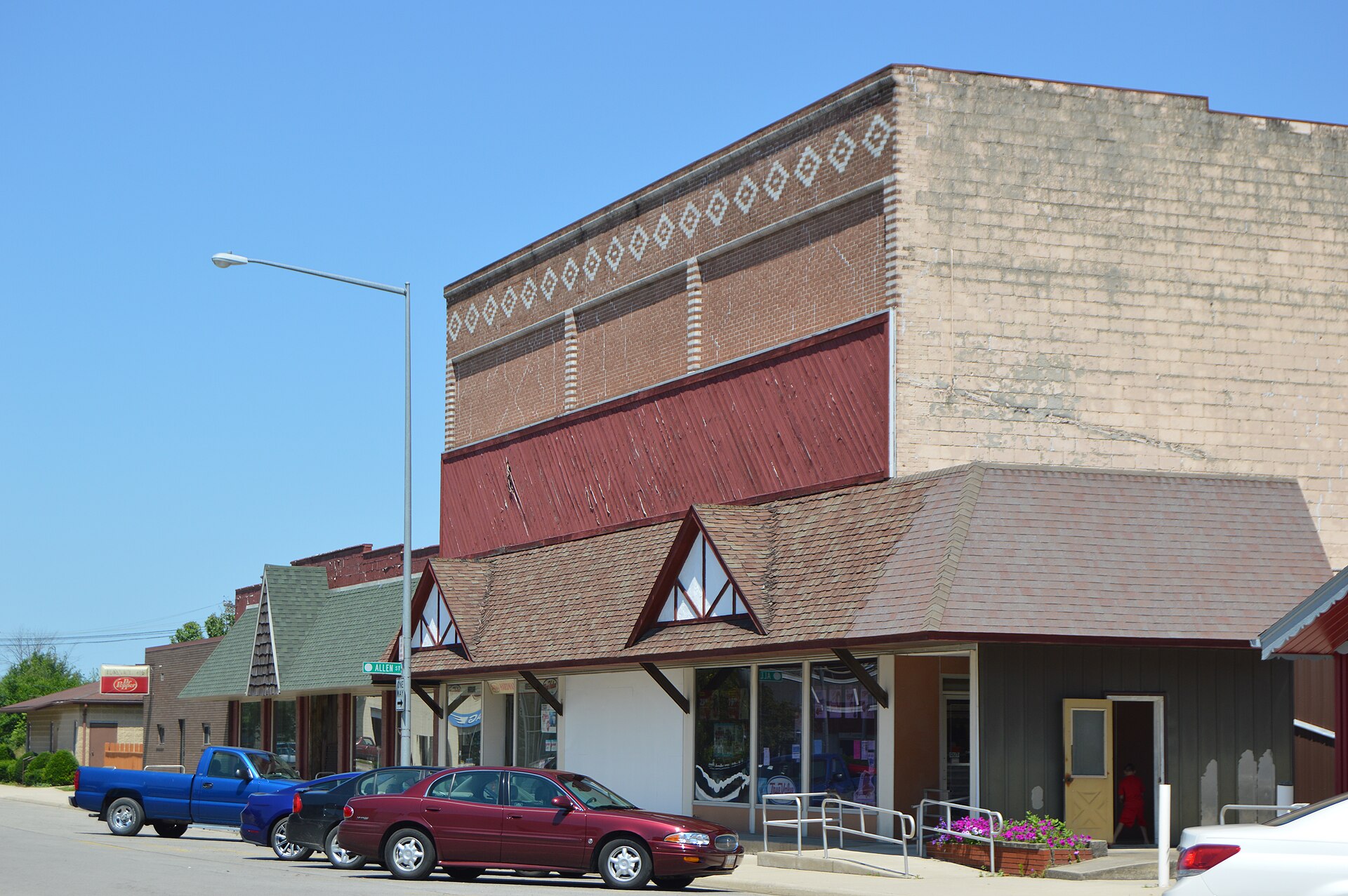 Buildings on the northern side of Randolph Street at the Allen Street intersection in Hamler, Ohio, United States.