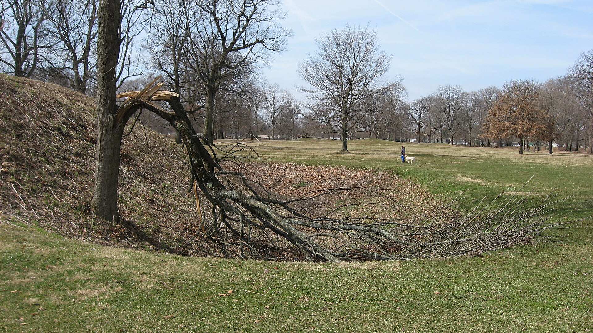 Opening of a ditch on the southern side of the gate to the Great Circle Earthworks in Newark, Ohio, United States; note the nearby person for scale. — Heath, Ohio