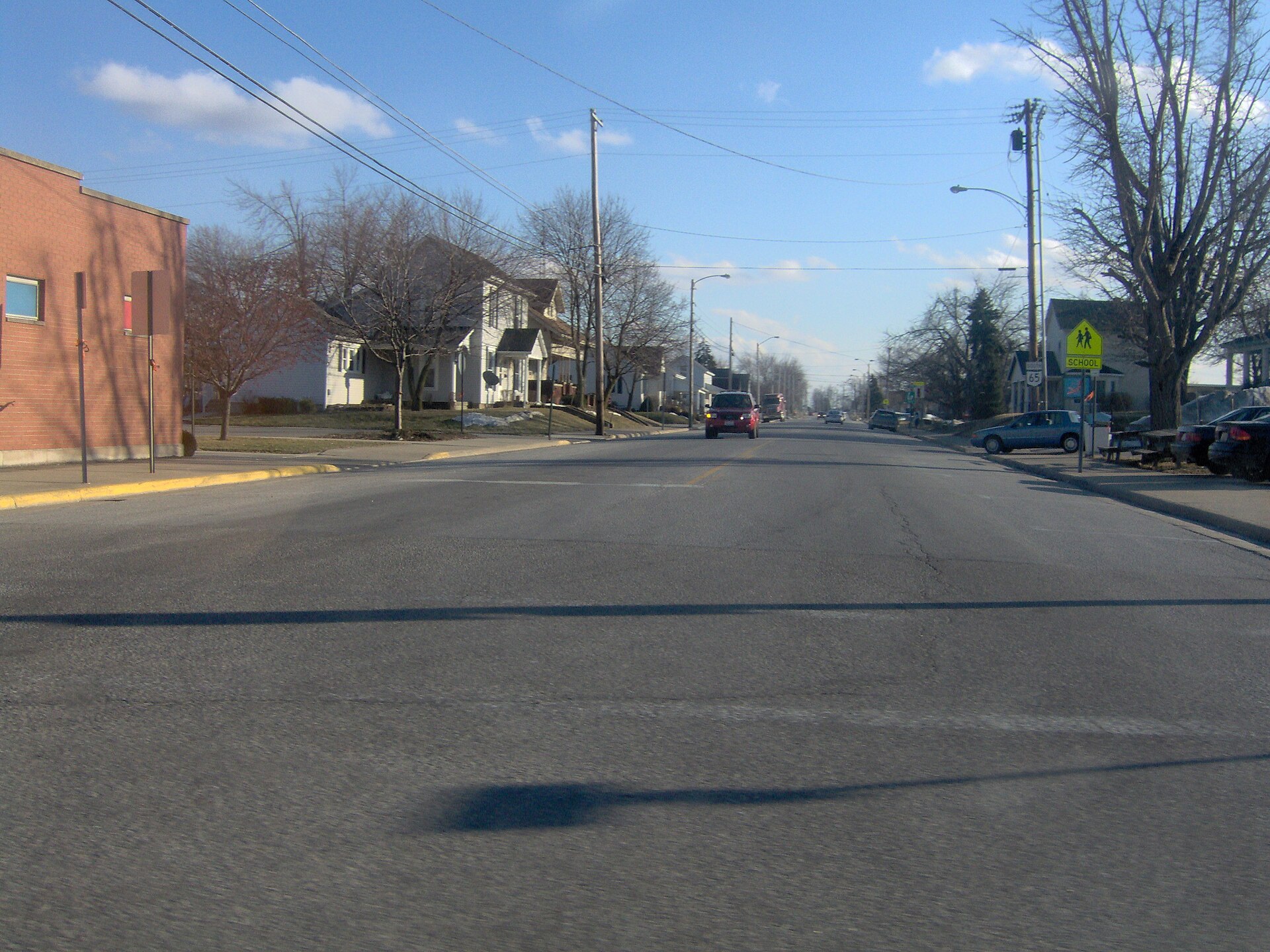 View along Ohio State Route 65 in Jackson Center, Ohio, from the main intersection in the village.