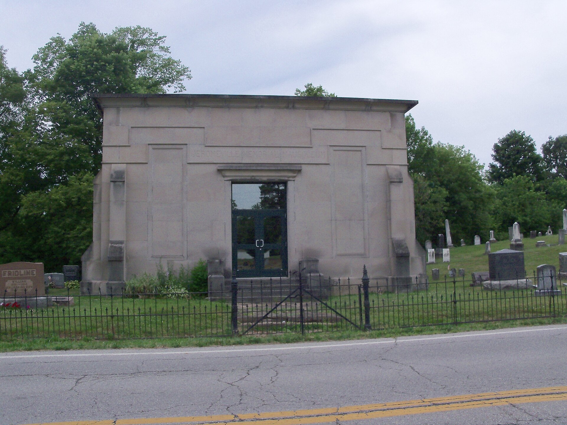 Mausoleum in cemetery in Jeromesville, Ohio (inscription over door says "Jeromeville", as does name of 1927 school across town.)