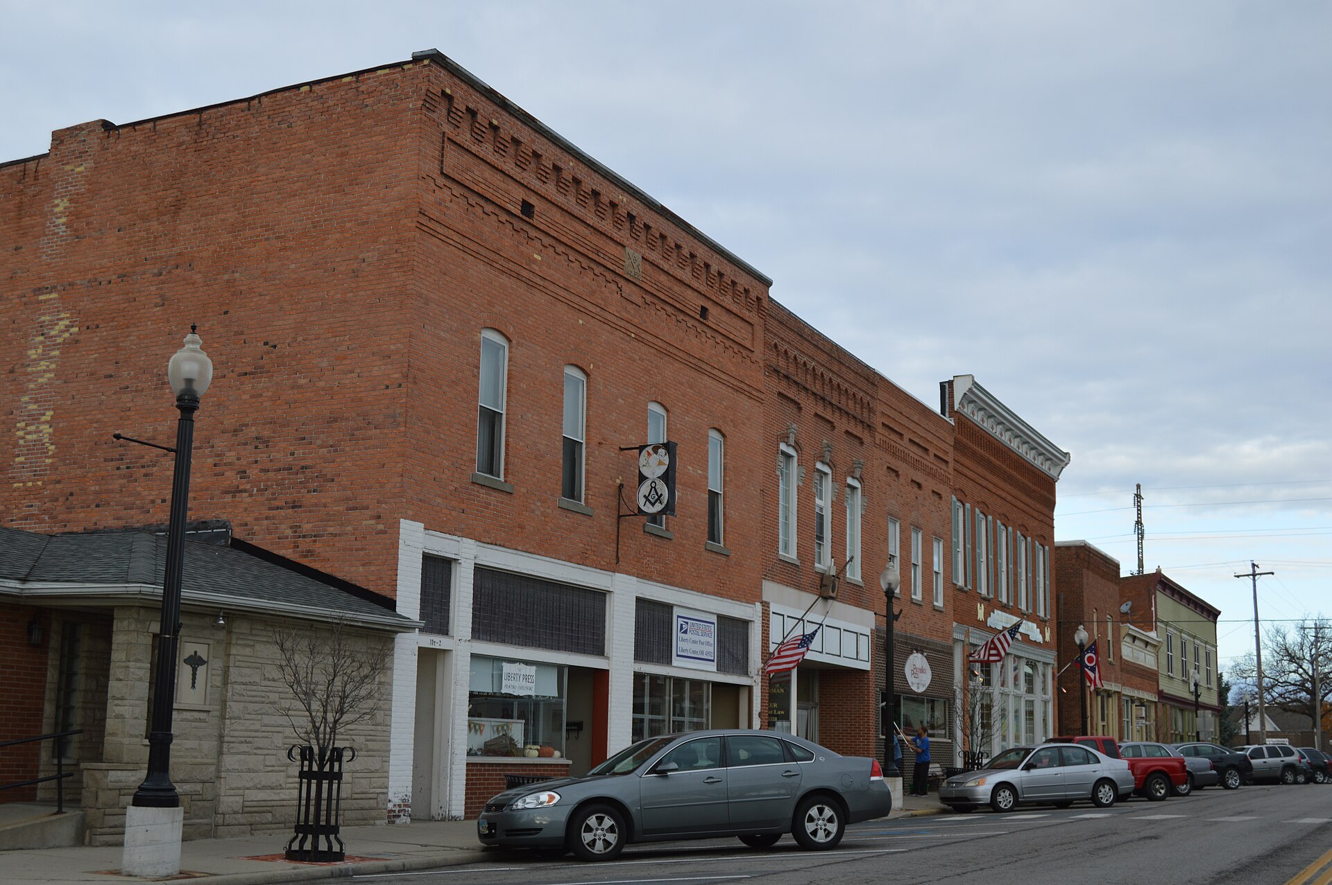 Buildings on the western side of East Street (State Route 109) north of the Maple Street intersection in downtown Liberty Center, Ohio, United States.
