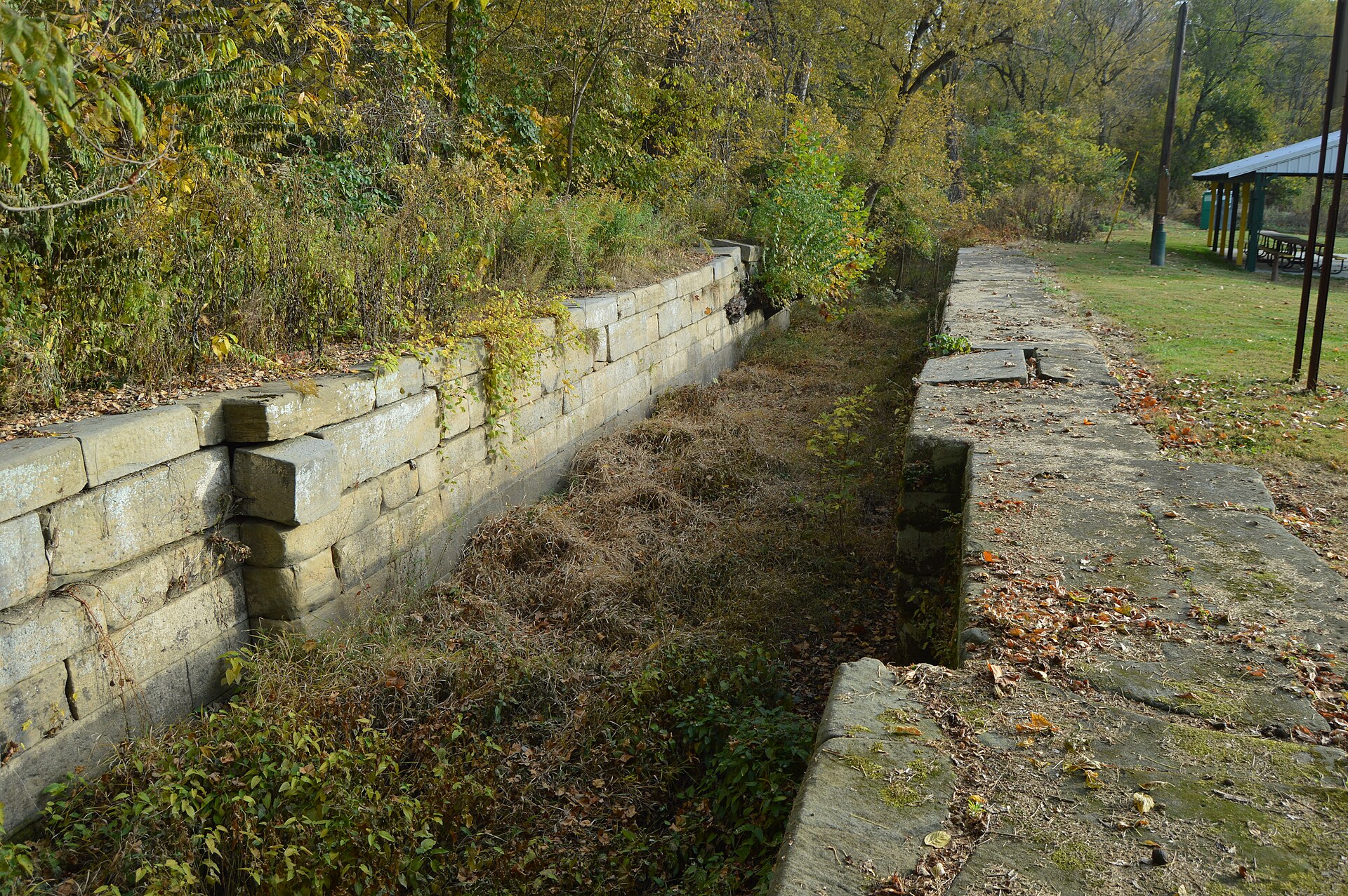 Interior of Ohio and Erie Canal Lock #30 (looking eastward), located in the Lock Meadows Park in Lockbourne, Ohio, United States.