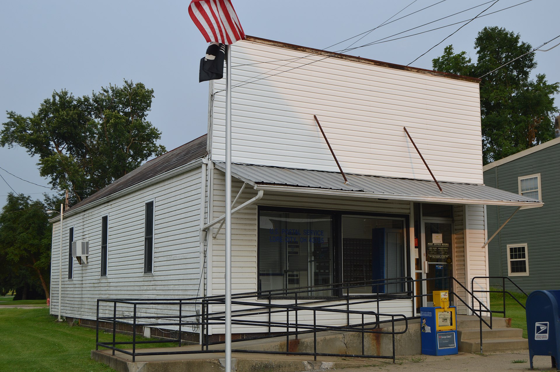 Front and northern side of the post office in Lore City, Ohio, United States, located at 200 Main Street (State Route 285).