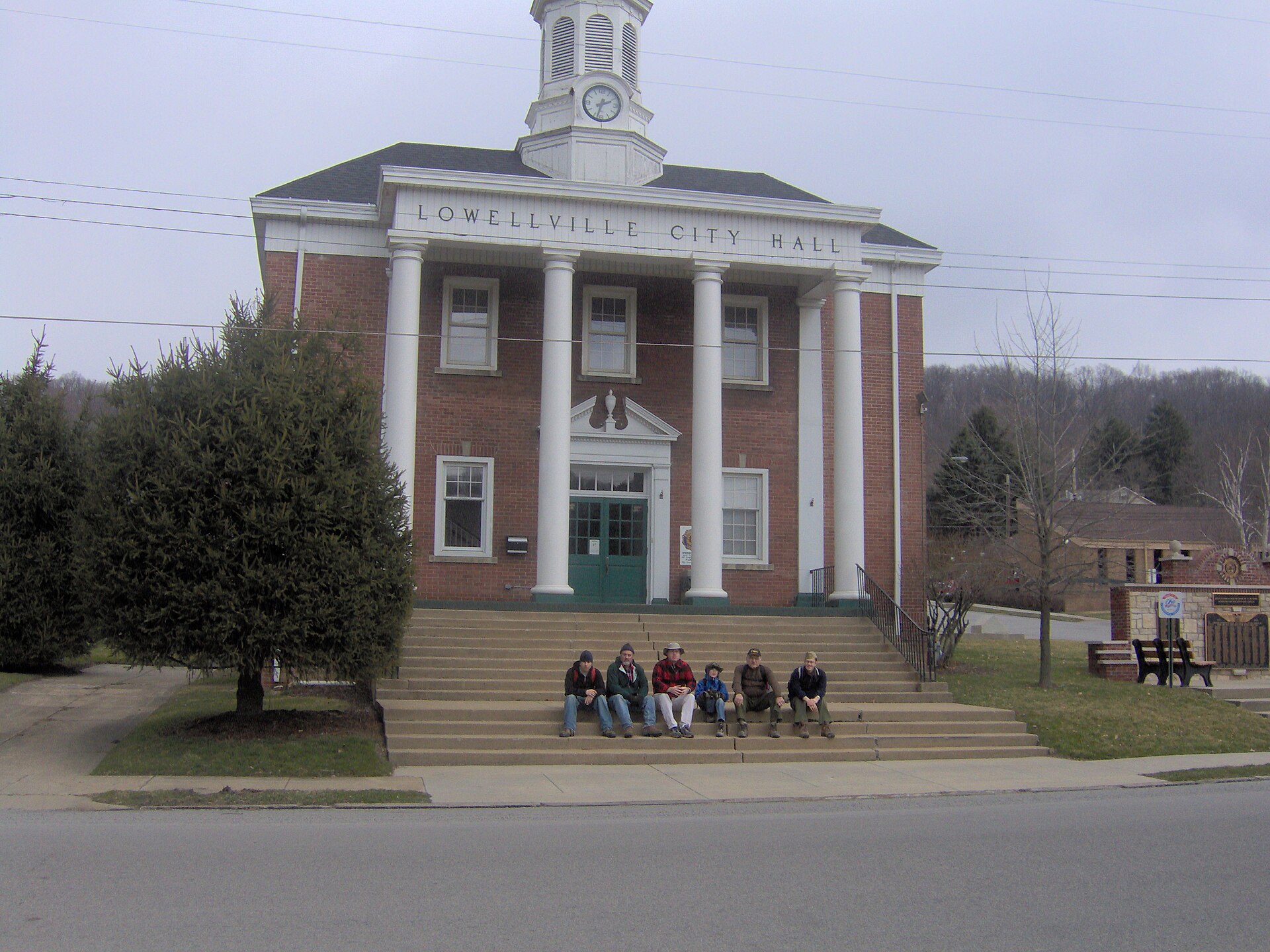 Front of the village hall in Lowellville, Ohio, United States, located at 140 E. Liberty St. Despite the inscription, Lowellville is a village by Ohio law.