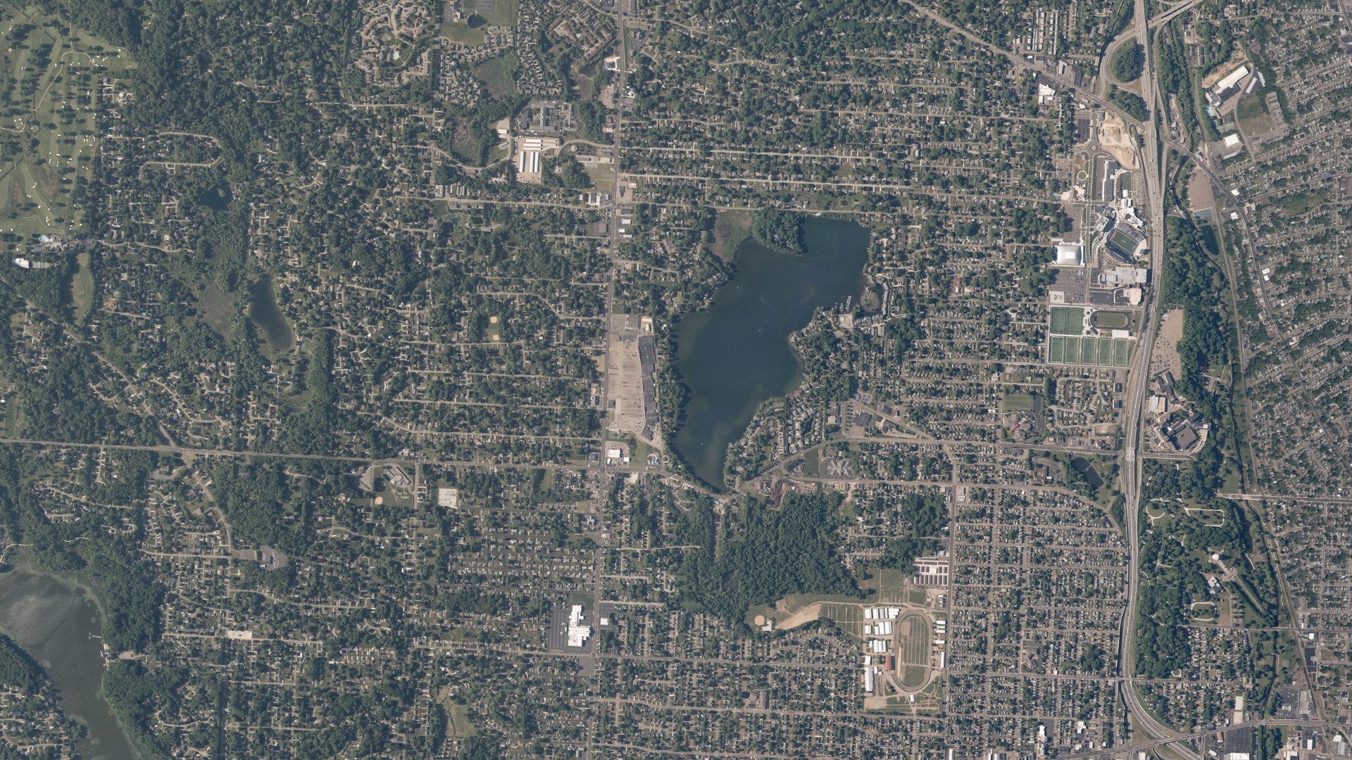 Natural-color aerial photograph of land around Meyers Lake, Ohio