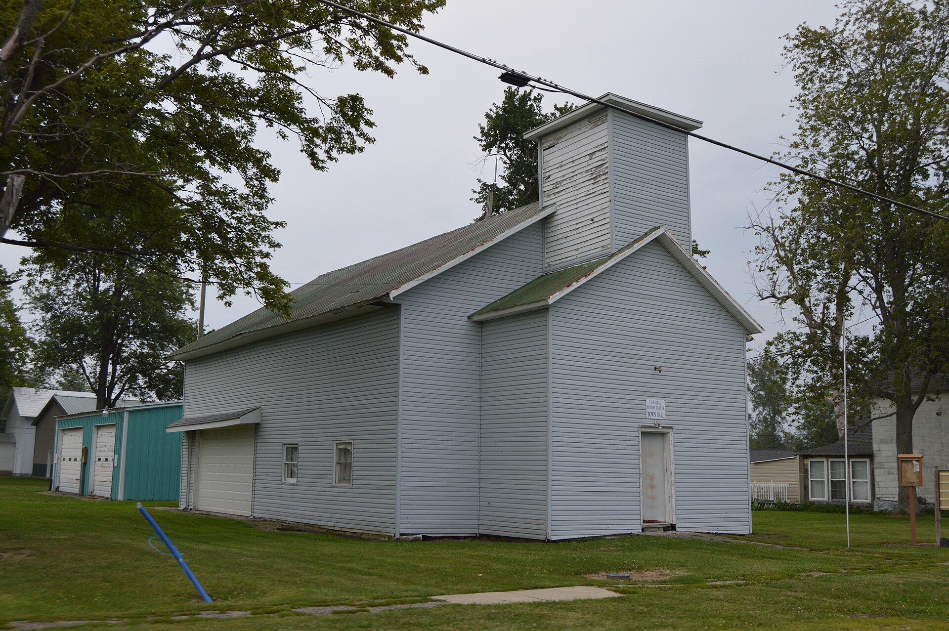 Front and western side of the Milton Center village hall, located at the junction of Church and Defiance Streets in Milton Center, Ohio, United States.