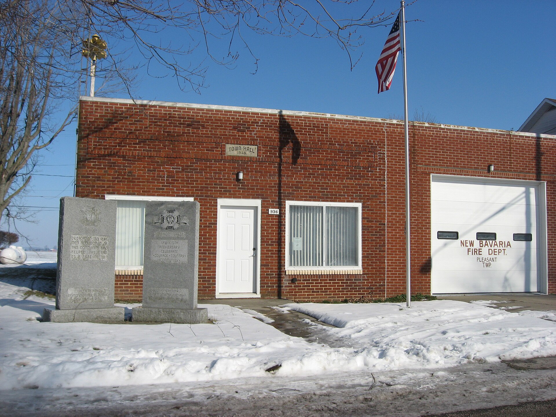 Front of the village hall and fire department in New Bavaria, Ohio, United States, located at 936 Walnut Street and built in 1946.