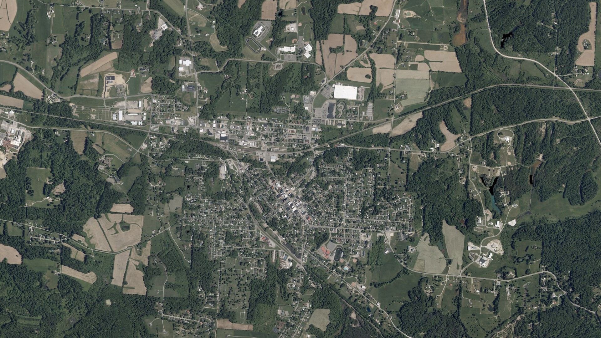 Natural-color aerial photograph of land around New Lexington, Ohio