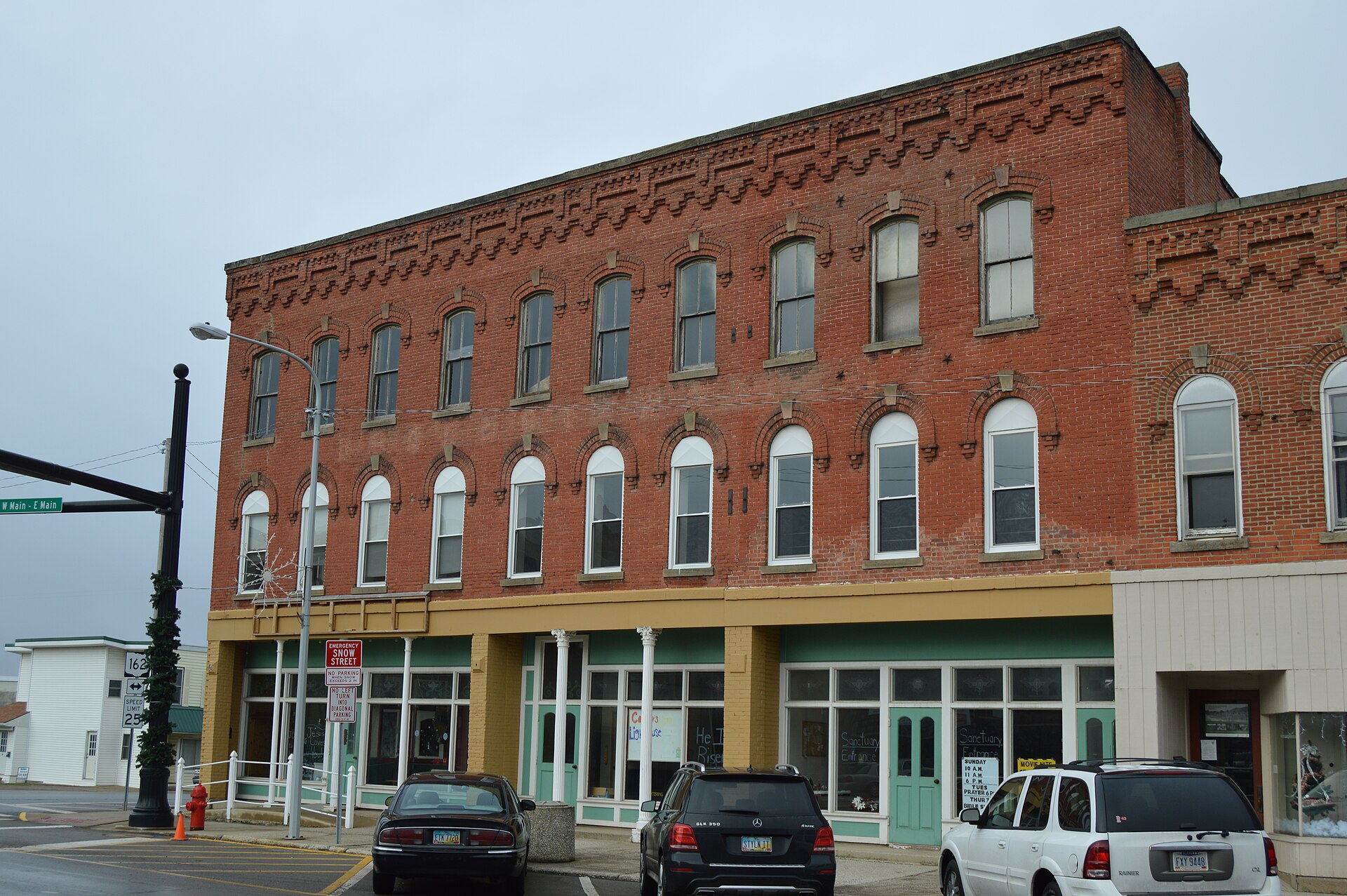Front of the Gregory House, located on the northeastern corner of the junction of North (State Route 60) and East (State Route 162) Main Streets in New London, Ohio, United States.