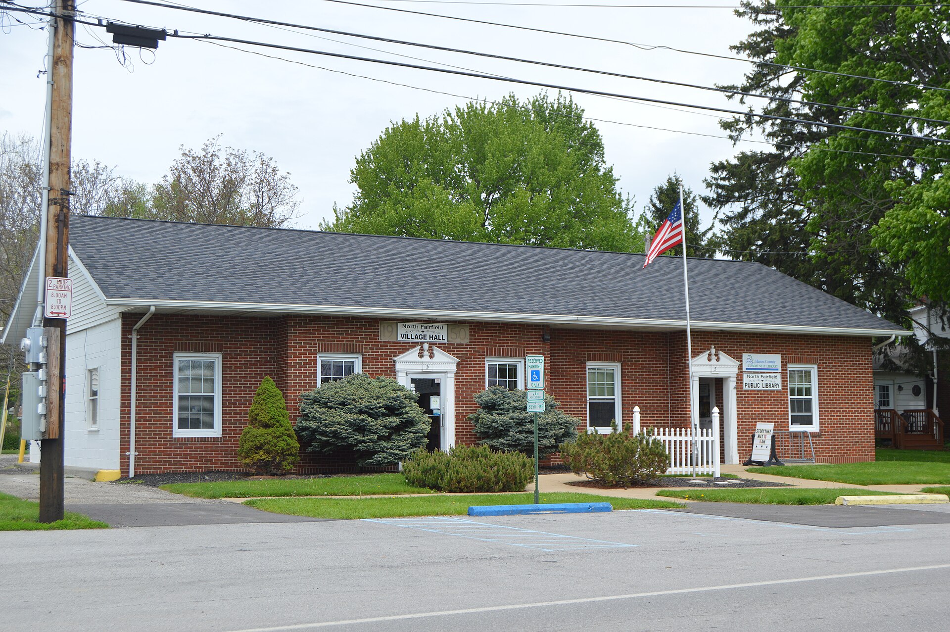 Front of the North Fairfield village hall and library, located at 3-5 E. Main Street (State Route 162) in North Fairfield, Ohio, United States.