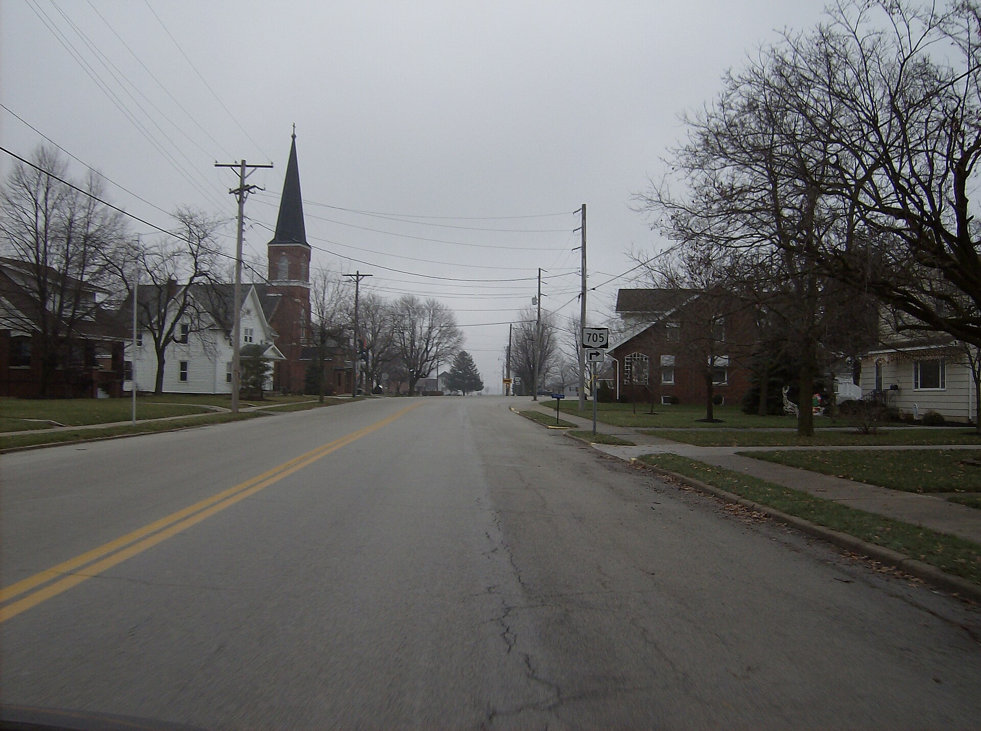 Eastward along Main Street (State Route 705) in central Osgood, a village in northeastern Darke County, Ohio, United States.
