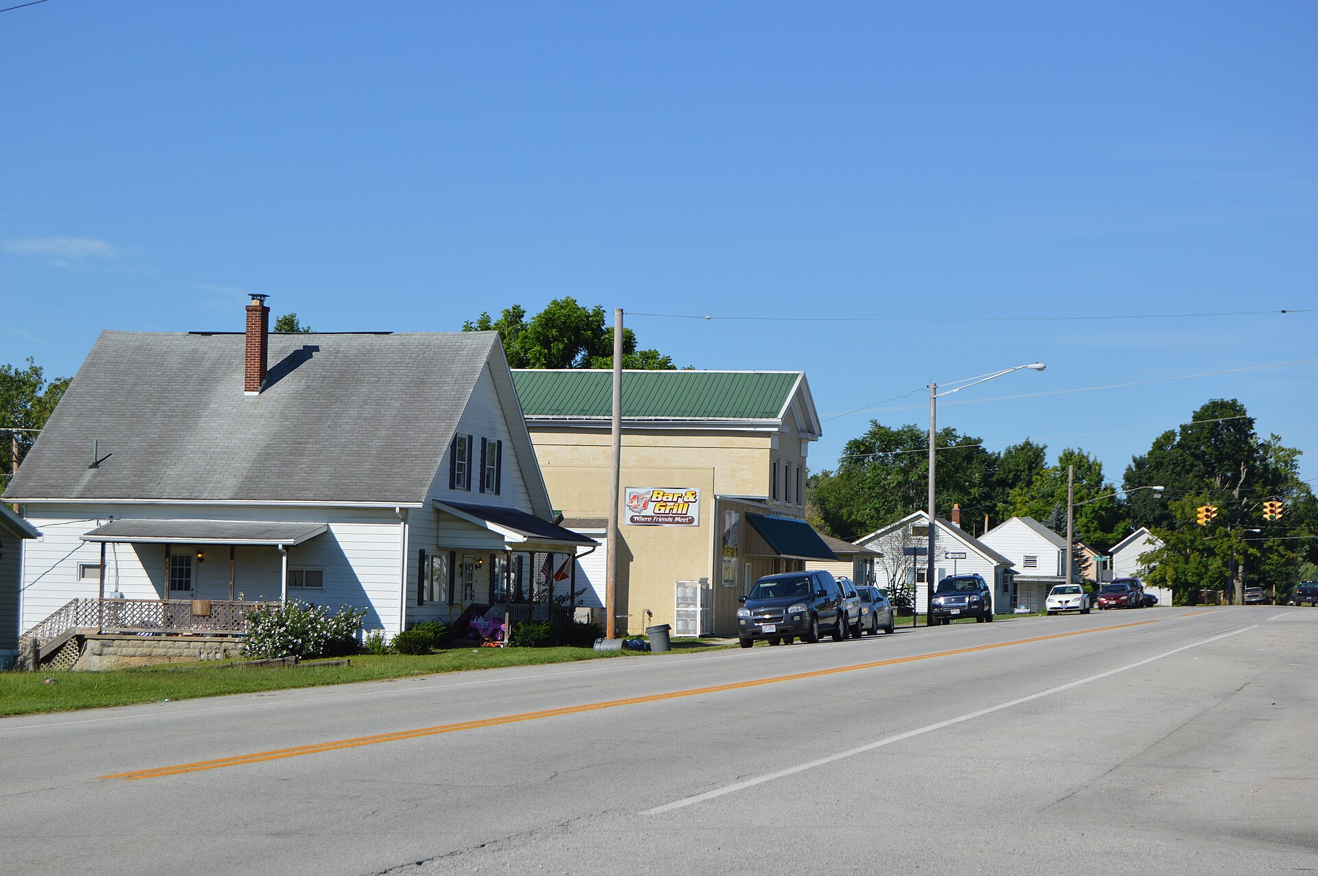 Buildings on the southern side of Main Street (State Route 47) just east of the Elm Street intersection in Port Jefferson, Ohio, United States.