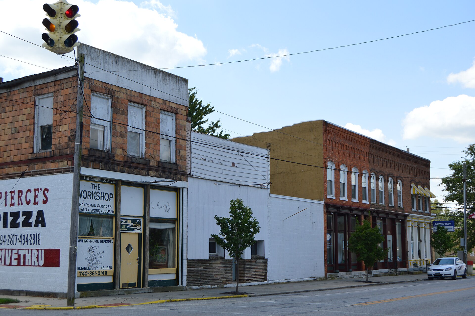 Buildings on the southern side of Water Street (State Route 47) just west of the Elm Street intersection in central Prospect, Ohio, United States.