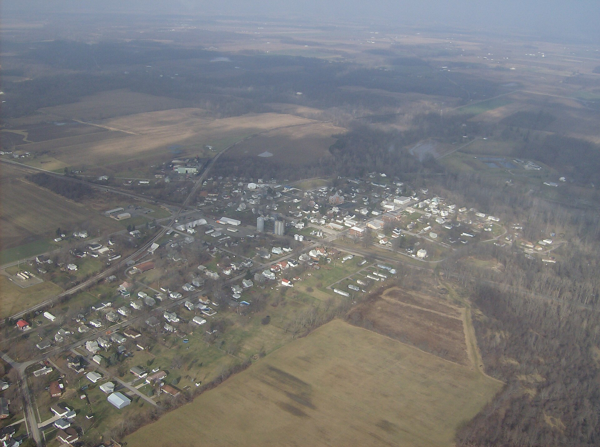 Aerial view of Quincy, Ohio, United States, with a bend of the upper Great Miami River north of the village.