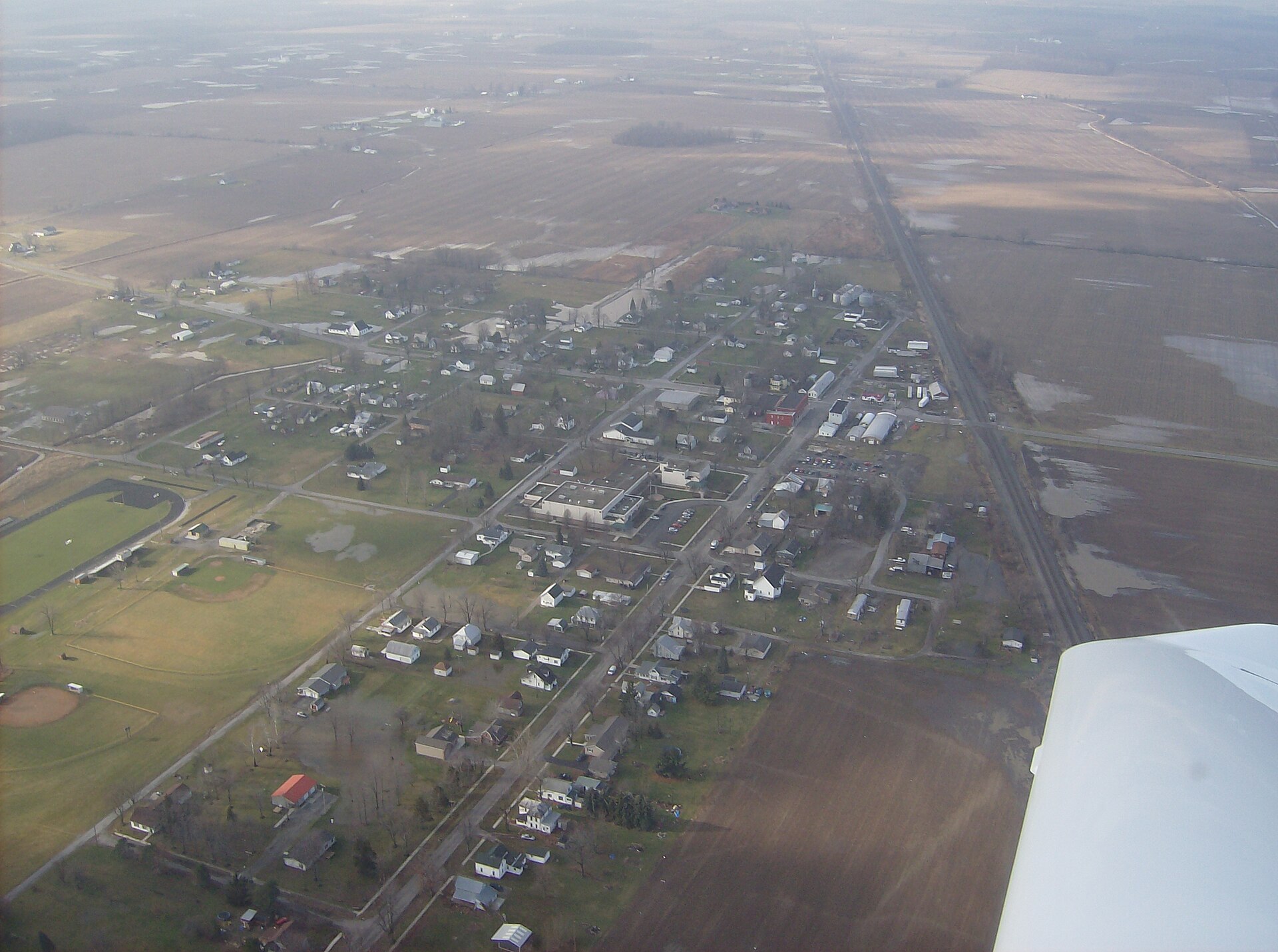 Aerial view of Ridgeway, a village in Hardin and Logan counties in the U.S. — Ohio