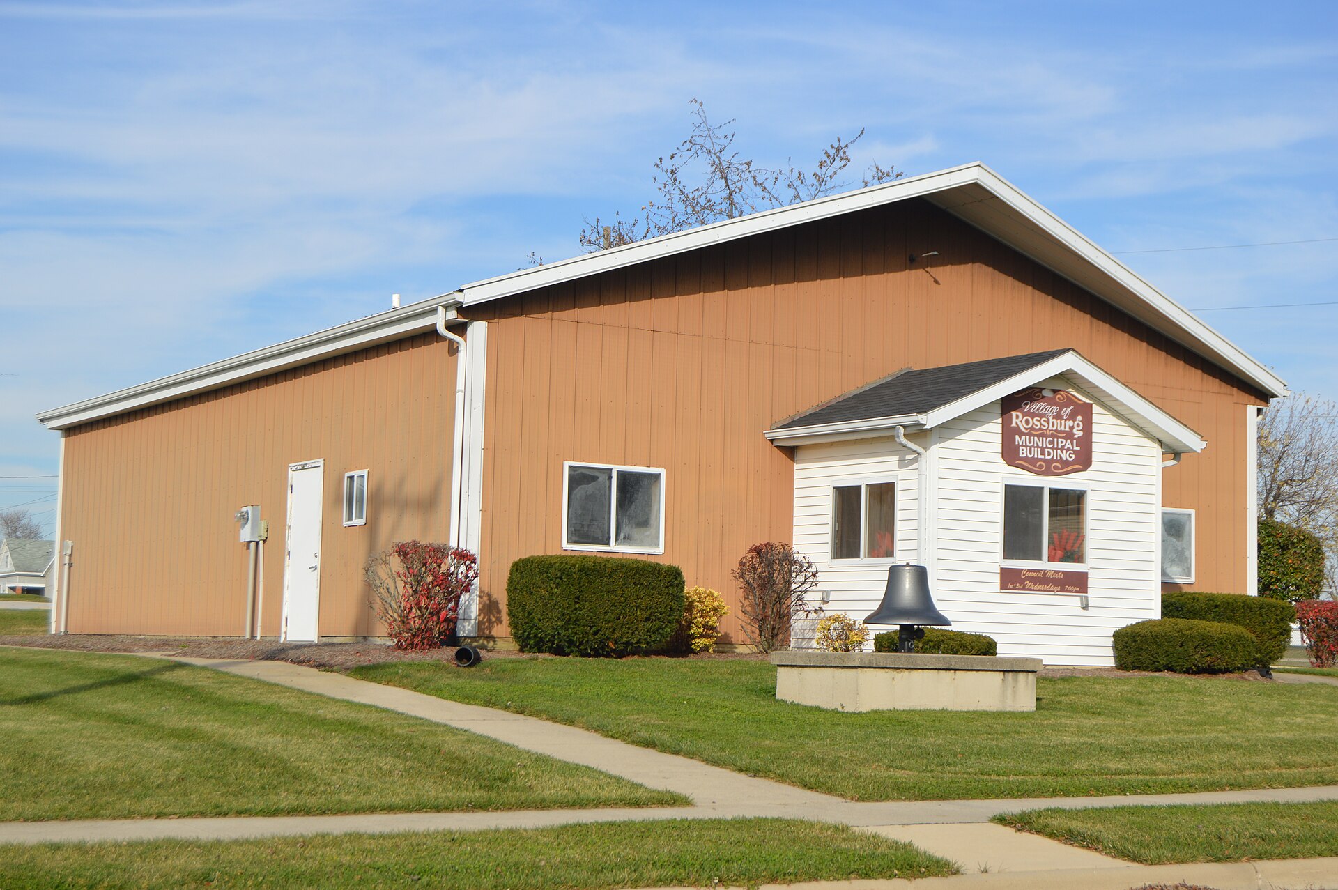 Front and western side of the municipal building in Rossburg, Ohio, United States, located at 200 W. Main Street.