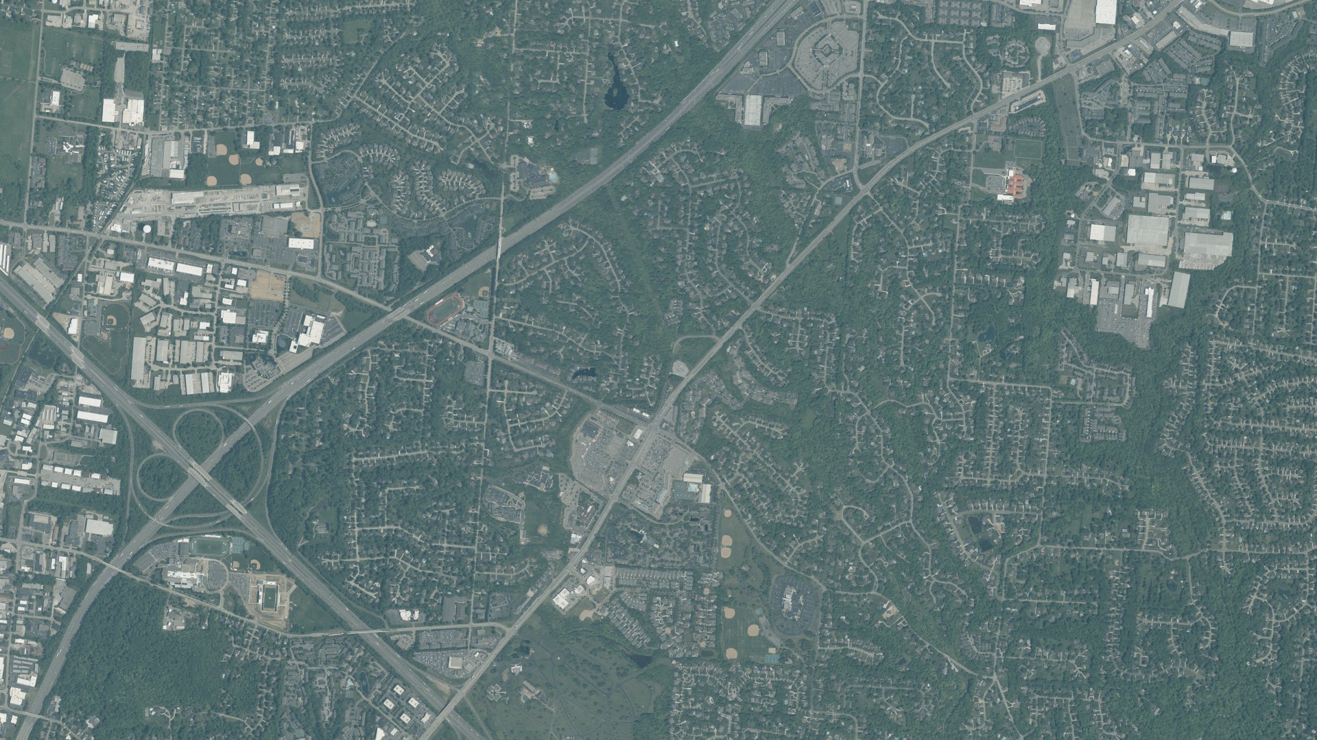 Natural-color aerial photograph of land around Sixteen Mile Stand, Ohio