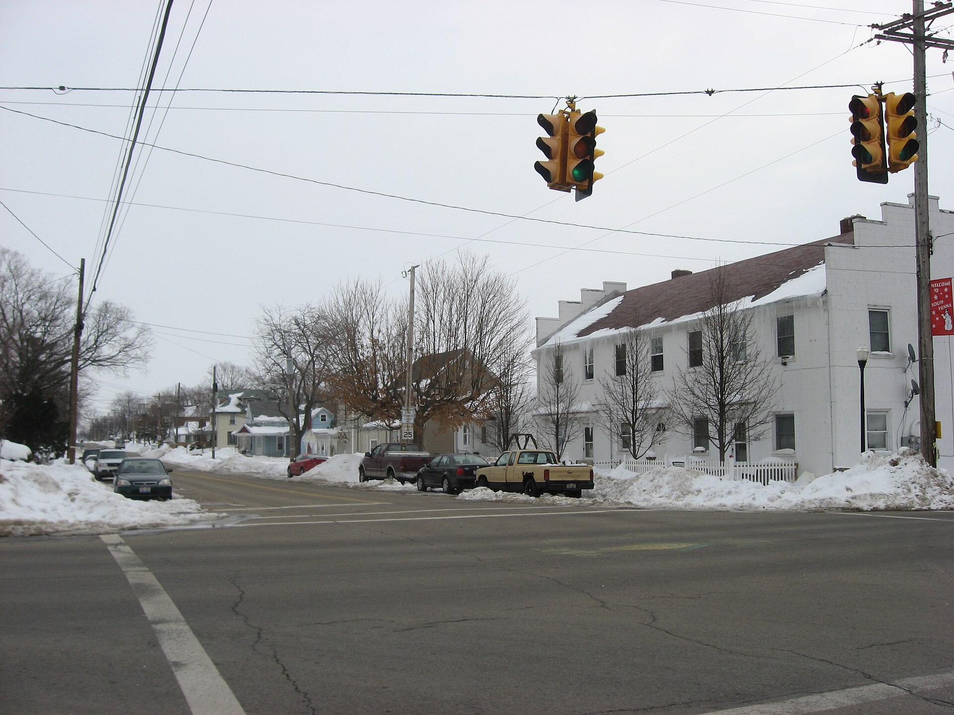 Looking east along Main Street (the old National Road) from the Urbana Street (State Route 54) intersection in central South Vienna, Ohio, United States.