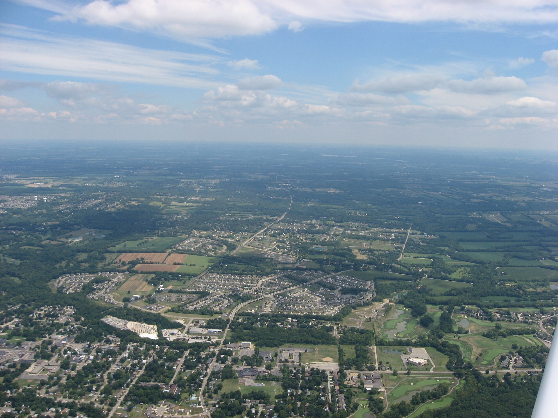 Aerial view of Springboro, a city primarily in Warren County, Ohio, United States; although part of the city extends into Montgomery County, this picture is taken exclusively over Warren County.