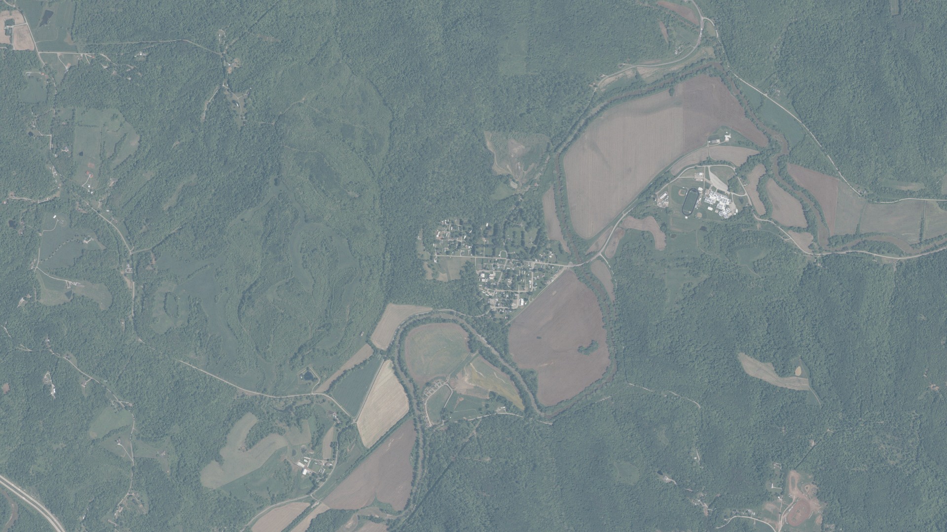 Natural-color aerial photograph of land around Stewart, Ohio