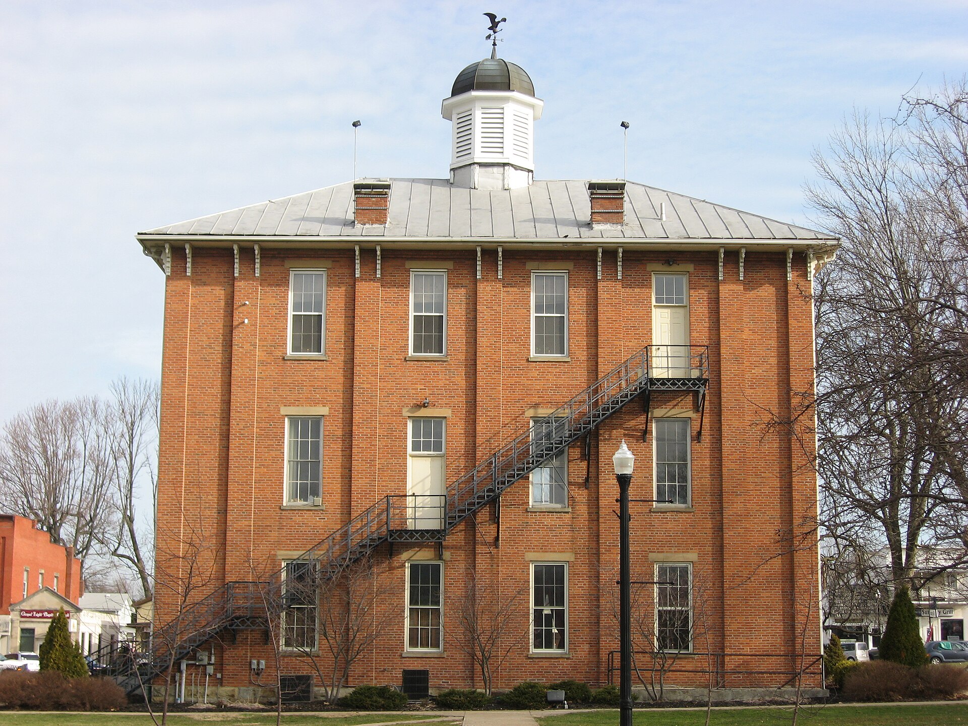 Southern side of the Sunbury Town Hall, located on the village square at the center of Sunbury, Ohio, United States. Built in 1868, it is listed on the National Register of Historic Places.