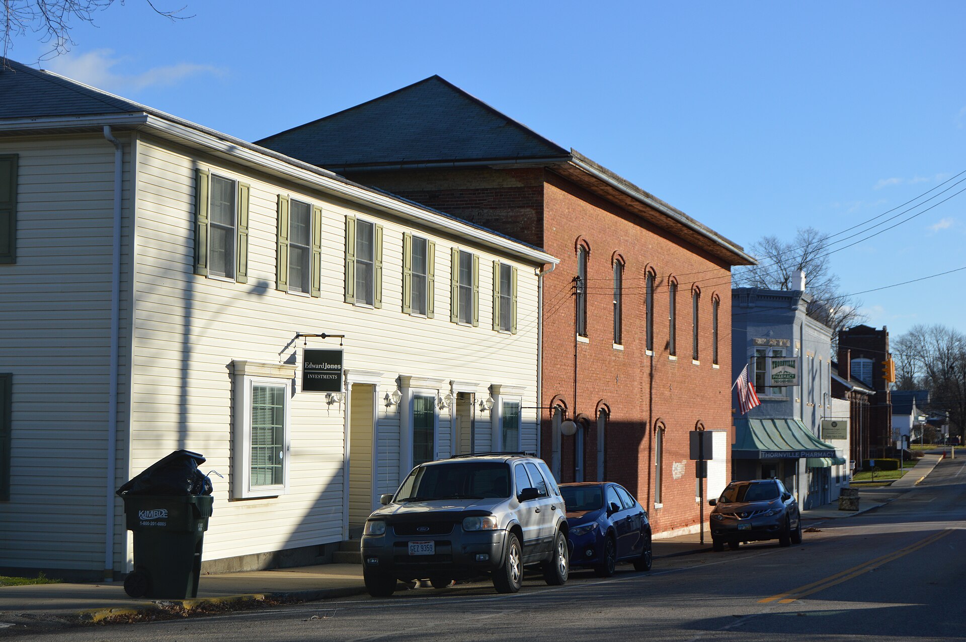 Commercial buildings on the northern side of Columbus Street (State Route 204) at the Main Street intersection in Thornville, Ohio, United States.