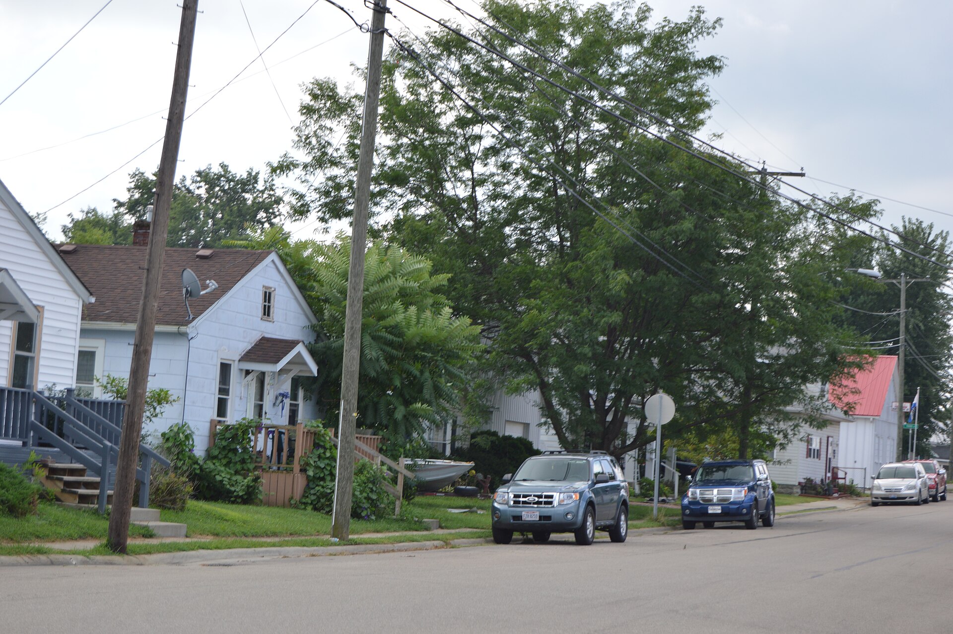Houses on the eastern side of High Street, seen looking southeast from the Maple Street intersection, in Thurston, Ohio, United States.