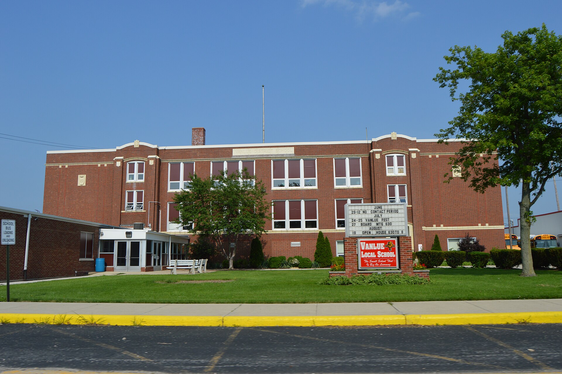 Front of Vanlue High School, located at 301 S. East Street (State Route 330) in Vanlue, Ohio, United States.