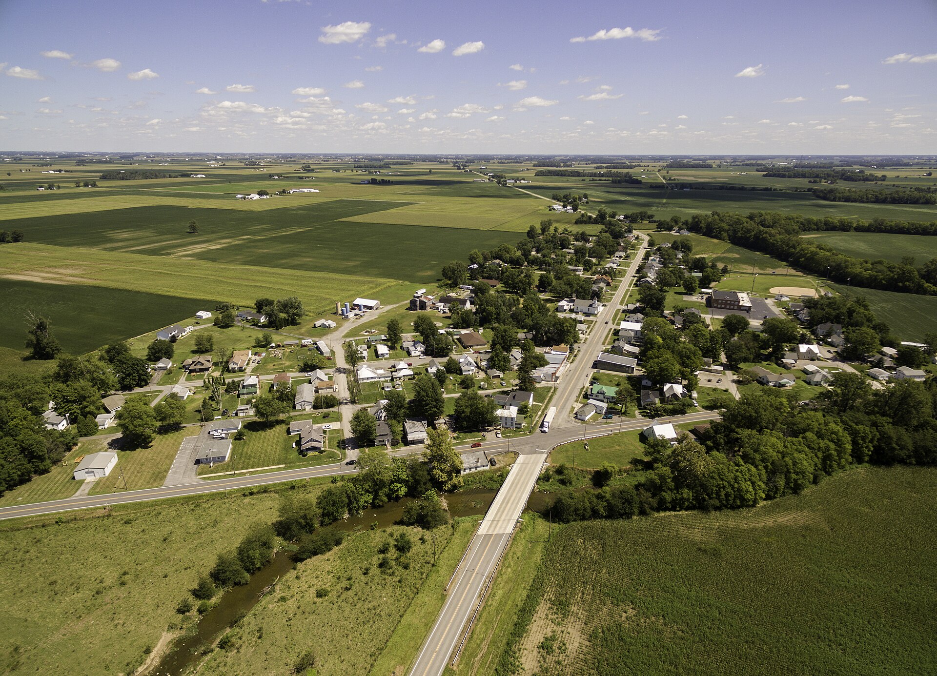 View looking east across Vaughnsville with the intersection of State Route 12, 189 and 115 seen from a DJI Phantom Professional 3 Drone — Ohio
