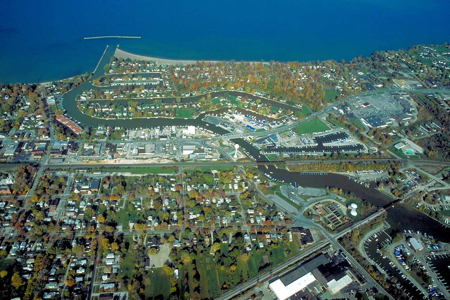 Aerial view of Vermilion, Ohio, USA on Lake Erie, near Sandusky, Ohio. The major highway U.S. Route 6 (Liberty Avenue) can be seen running west-east.