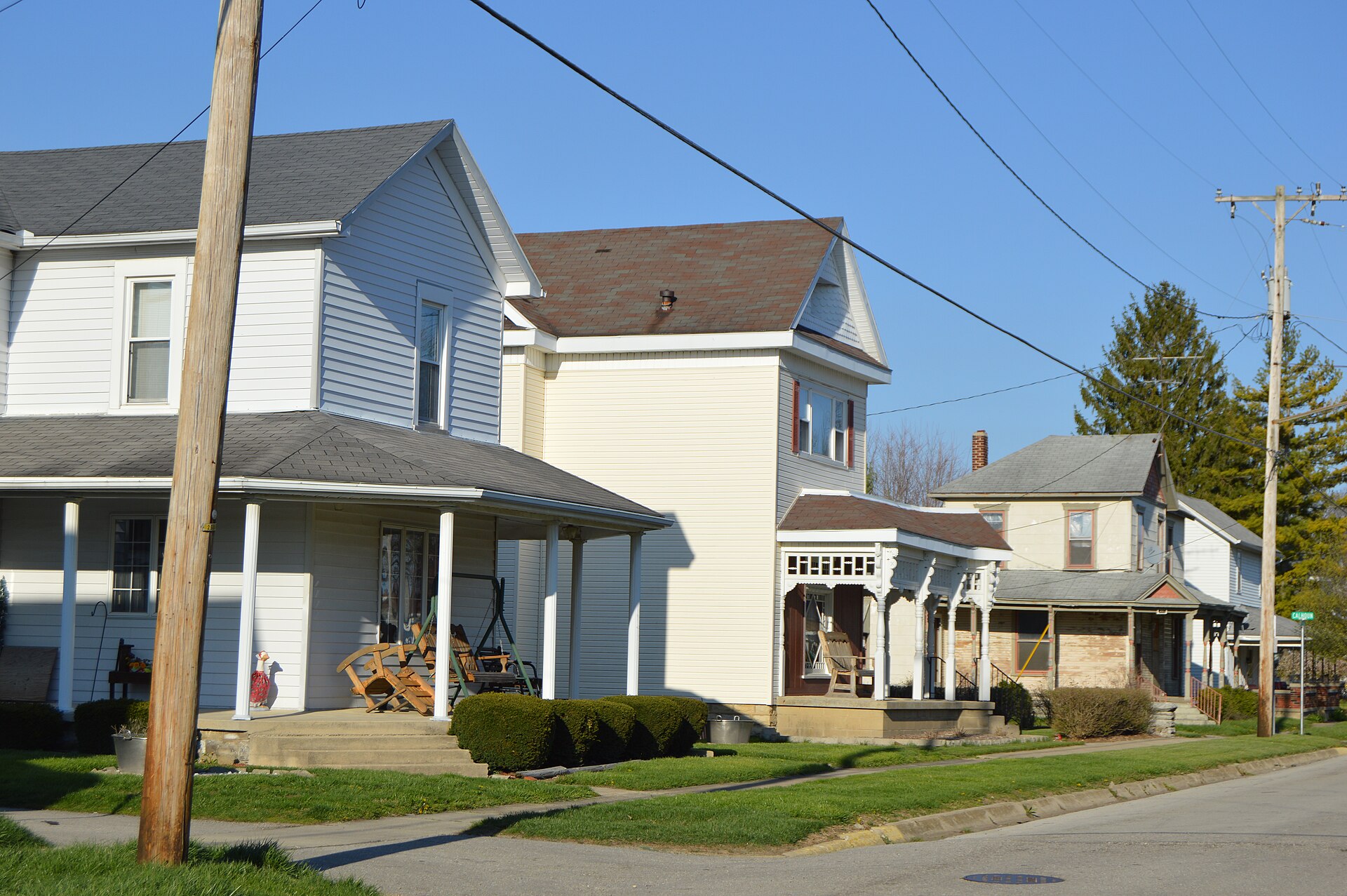 Houses on the northern side of Main Street, west of the Calhoun Street intersection, in Verona, Ohio, United States.