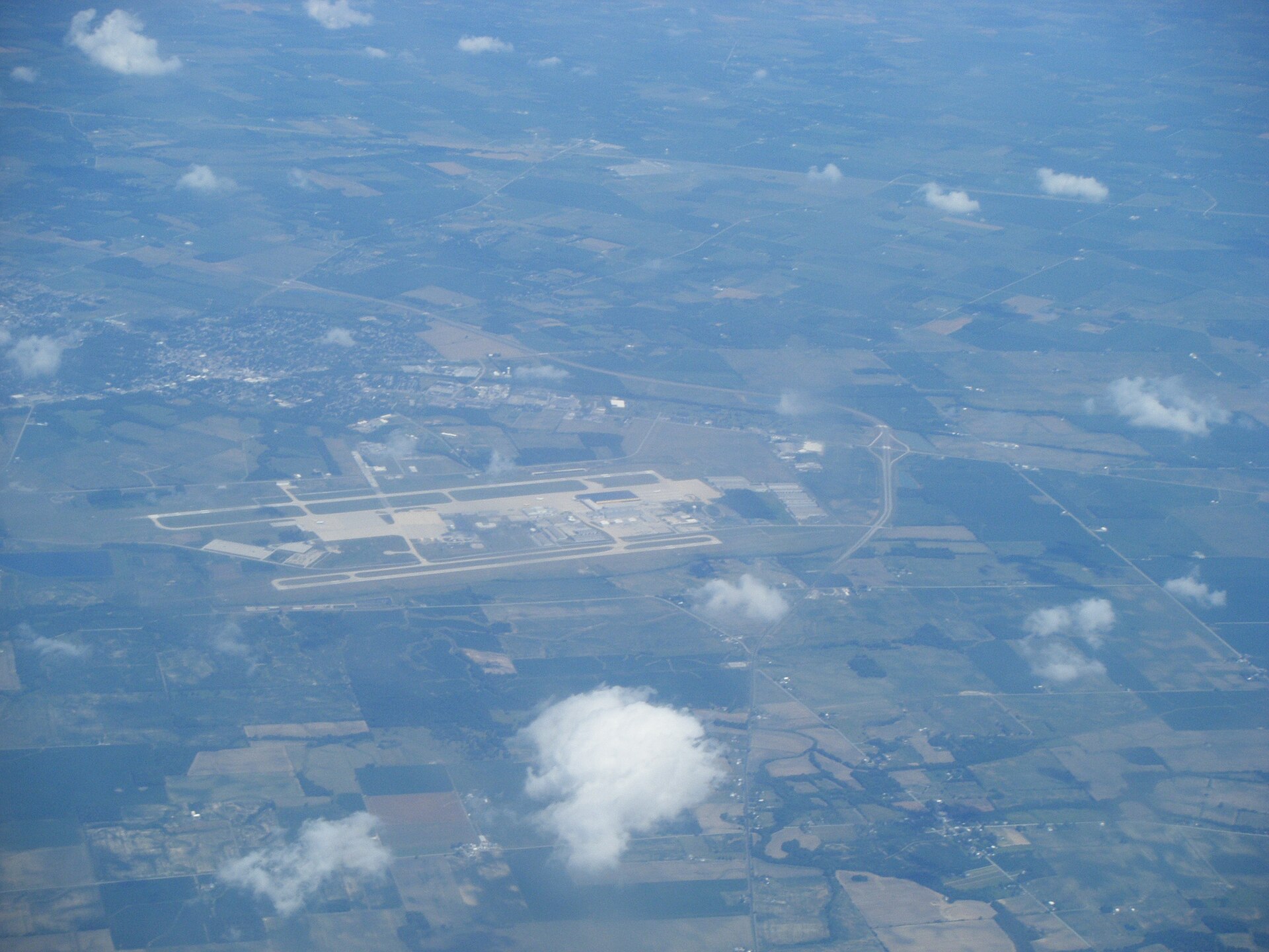 A view of Wilmington, Ohio taken from an airplane. Airborne Airpark can be seen in the foreground.