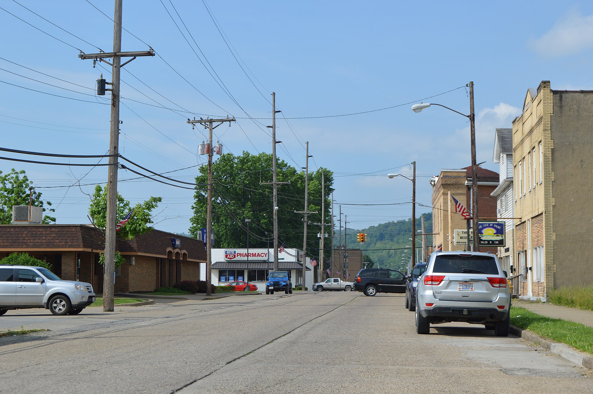 Buildings in the business district of Yorkville, Ohio, United States. Photo looks south on Williams Street on the Jefferson County side of the village; the Public Road intersection is visible in the distance.