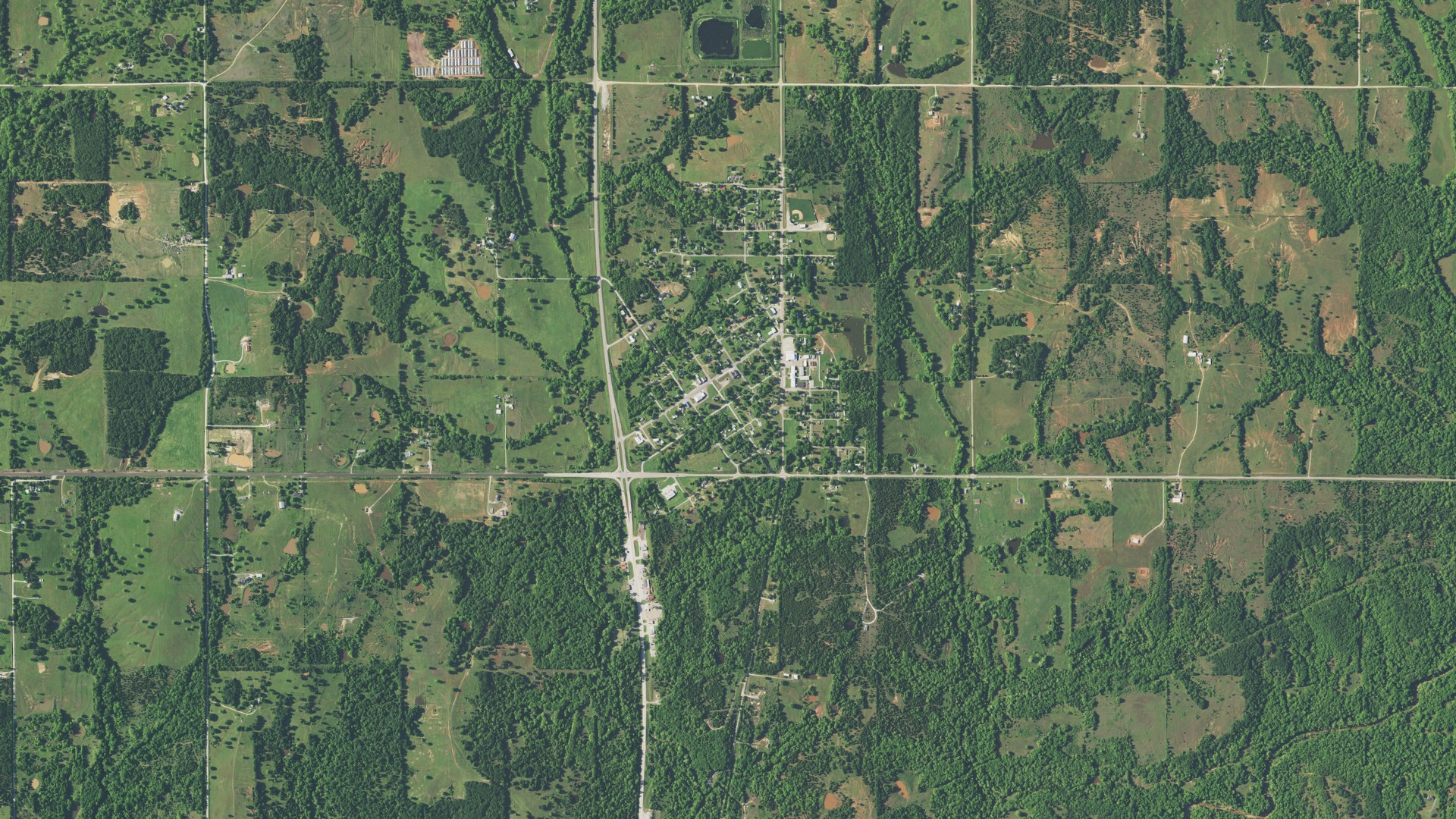 Natural-color aerial photograph of land around Asher, Oklahoma