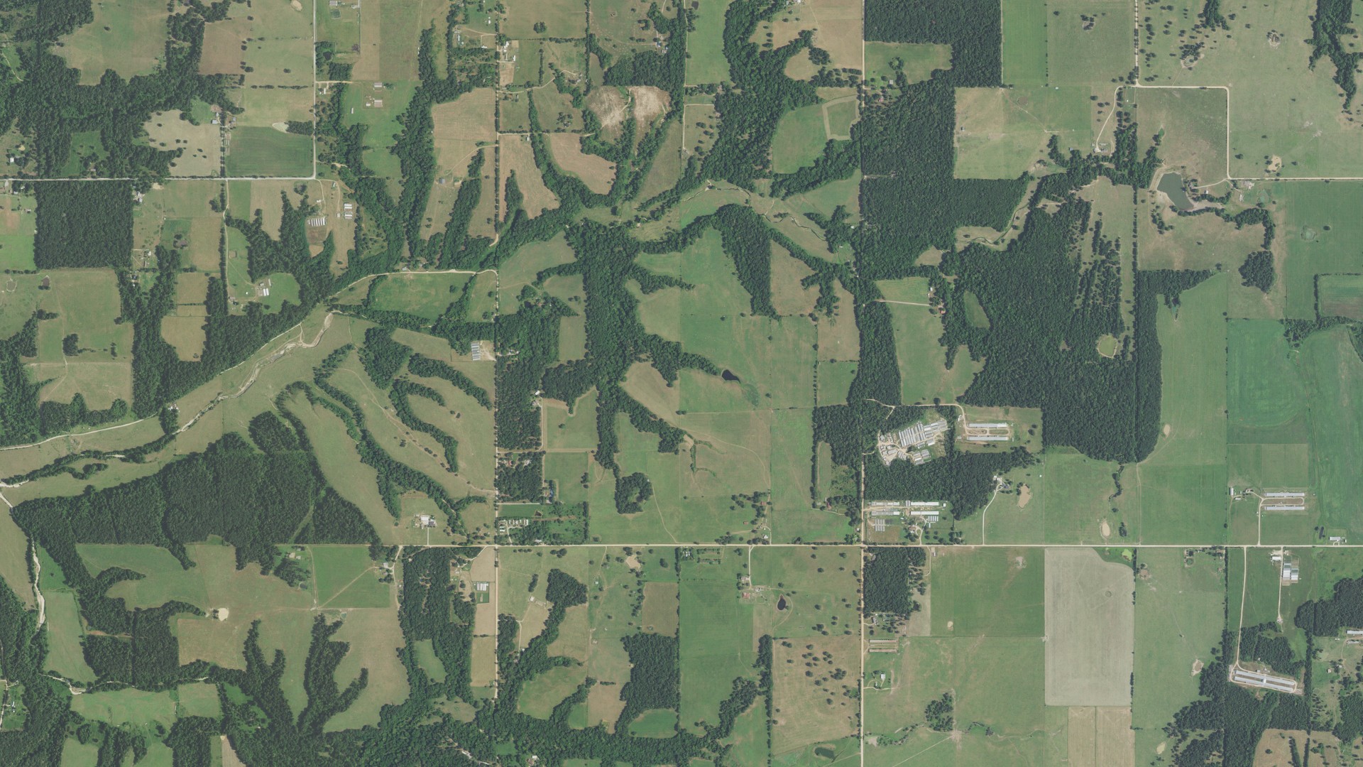 Natural-color aerial photograph of land around Indianola, Oklahoma