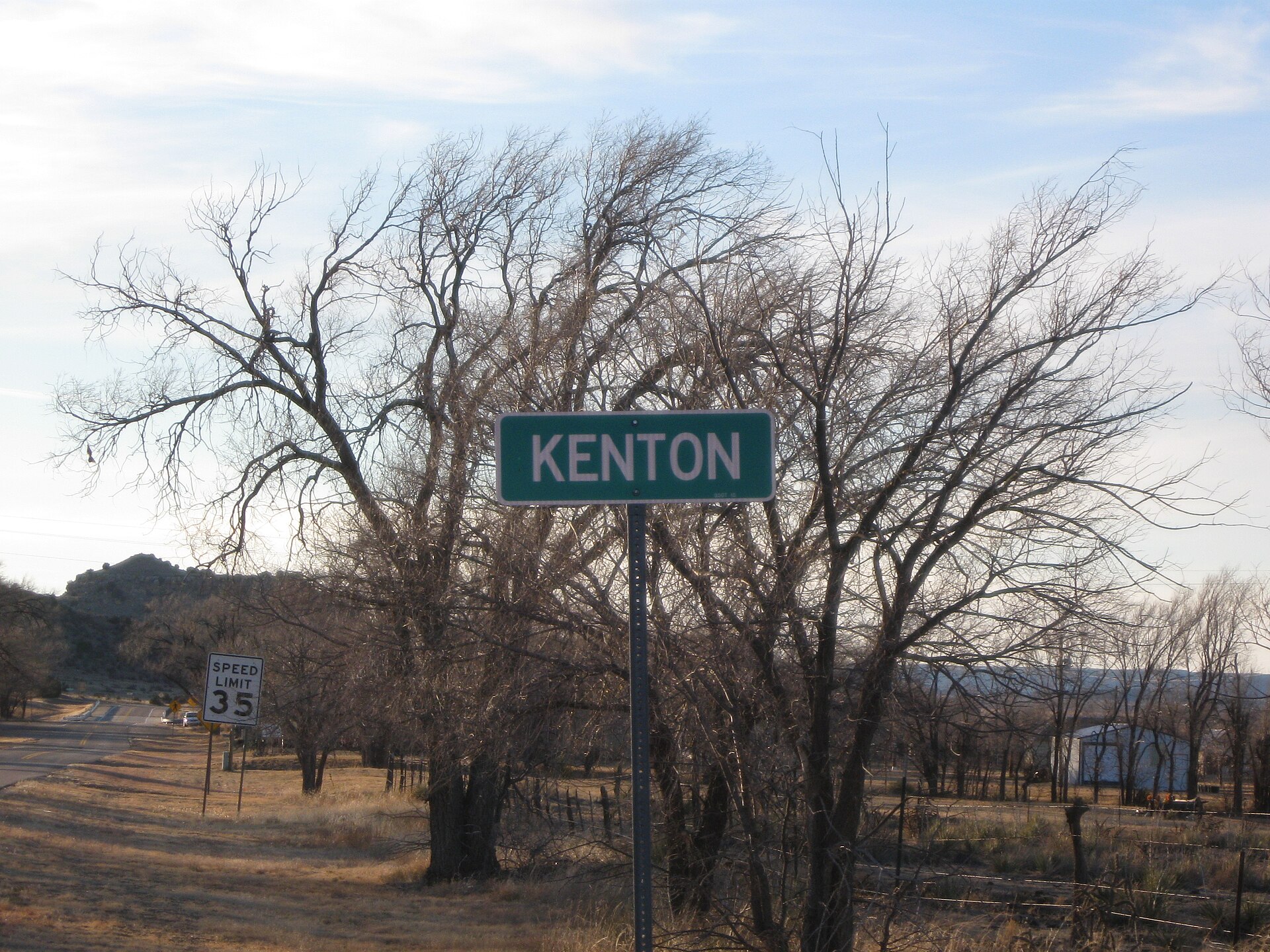This is the road sign at the eastern edge of Kenton, Oklahoma. This photo is looking west, and was taken in November, 2011.