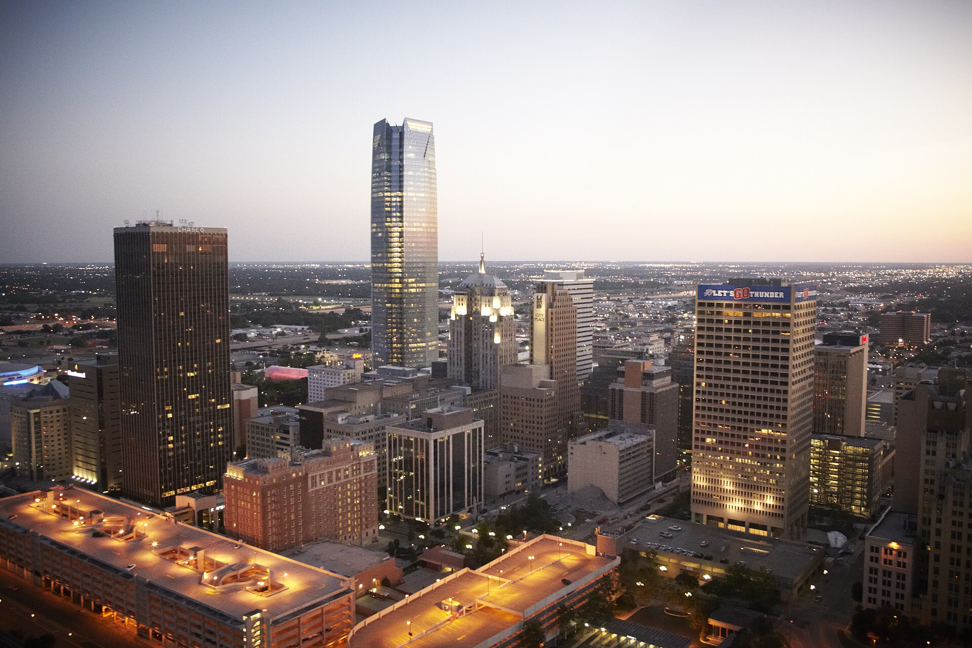 This photo of downtown Oklahoma City's skyline at twilight is current as of January 2015.