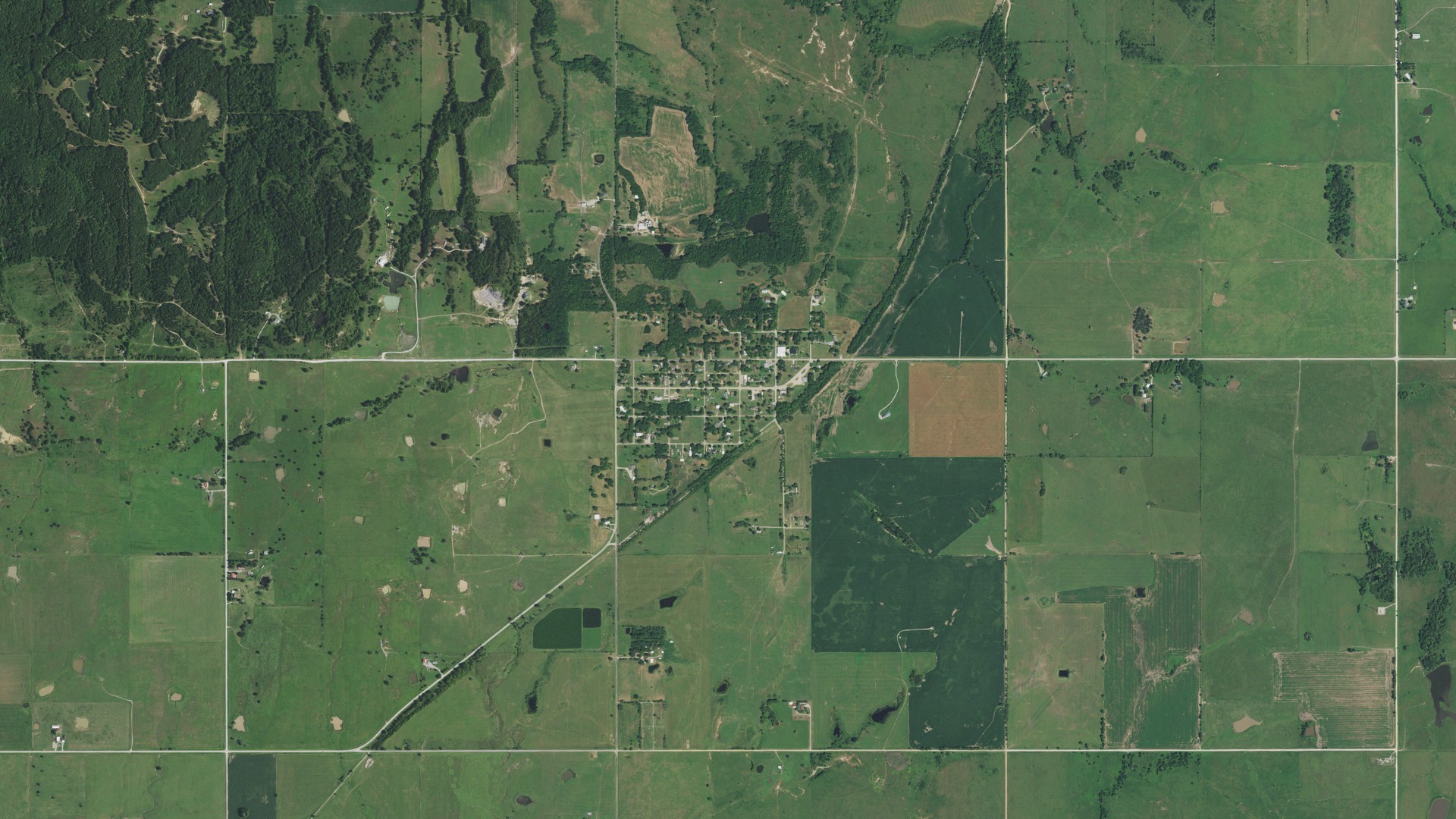 Natural-color aerial photograph of land around Wann, Oklahoma